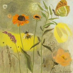 Julio en el jardín, 2024 - Pintura al óleo de flores de colores con abeja y mariposa