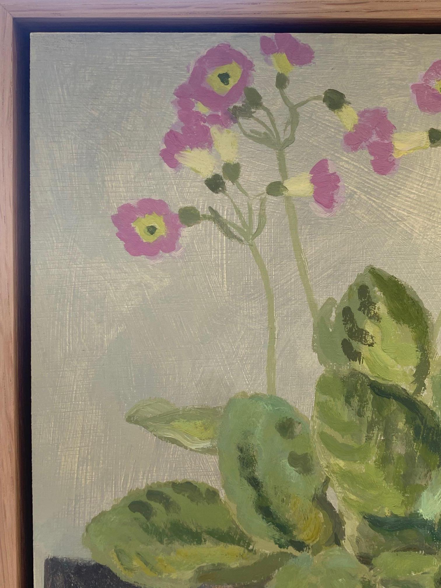 Primula in un vecchio vaso di terracotta, 2024 - Natura morta di fiori e farfalle - Pittura ad olio 3