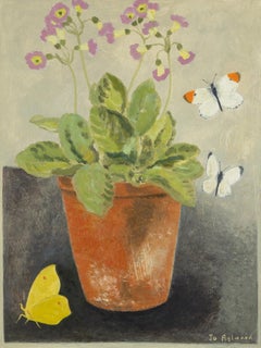Primula in un vecchio vaso di terracotta, 2024 - Natura morta di fiori e farfalle - Pittura ad olio