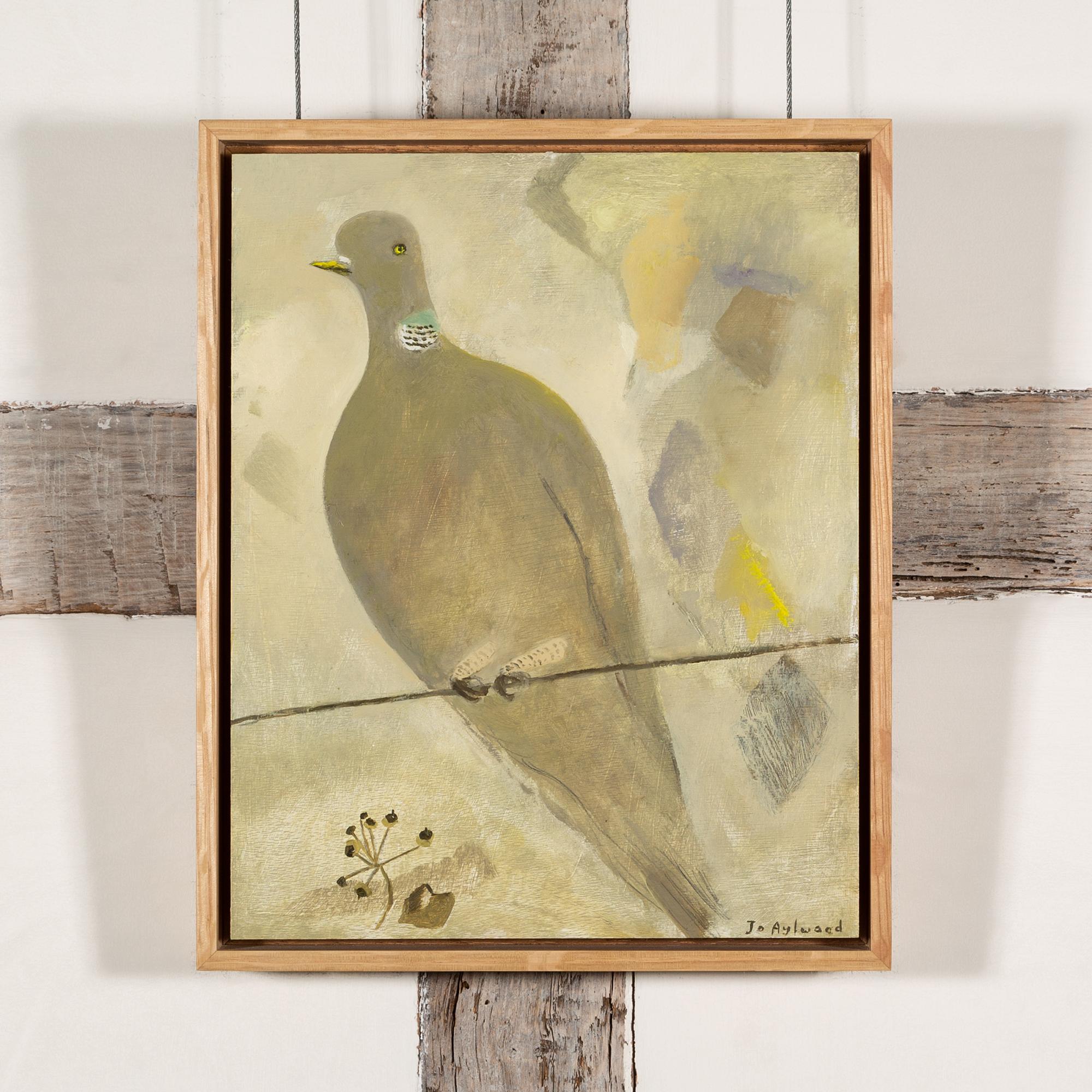 Piccione malinconico, 2024 - Uccello dipinto a olio in colori neutri, grigio, marrone, beige - Painting di Jo Aylward