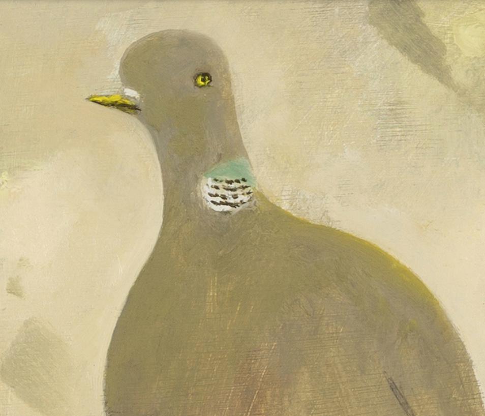 Piccione malinconico, 2024 - Uccello dipinto a olio in colori neutri, grigio, marrone, beige in vendita 1