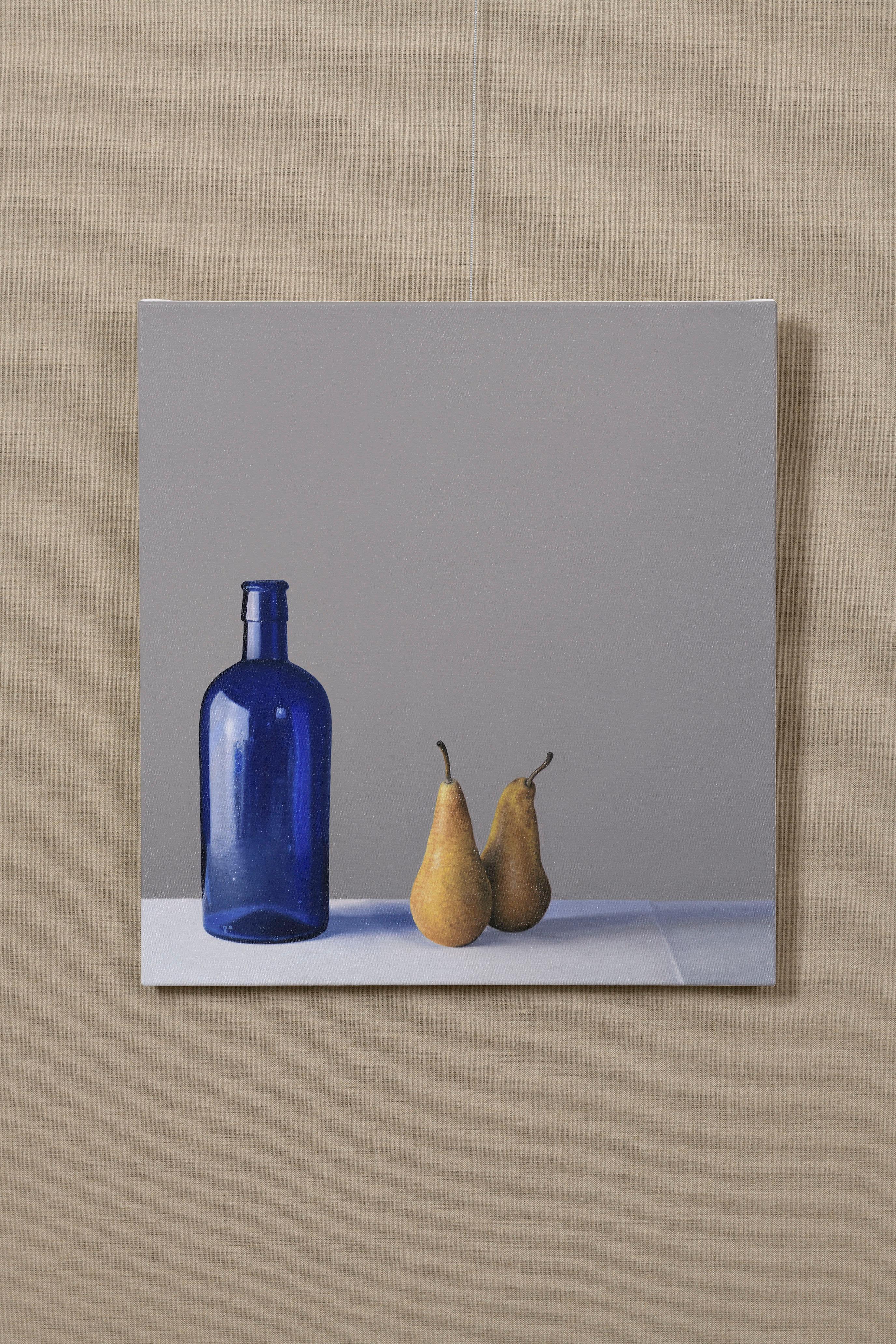 Still Life with Blue Glass Bottle and Pears - Painting by Jo Barrett