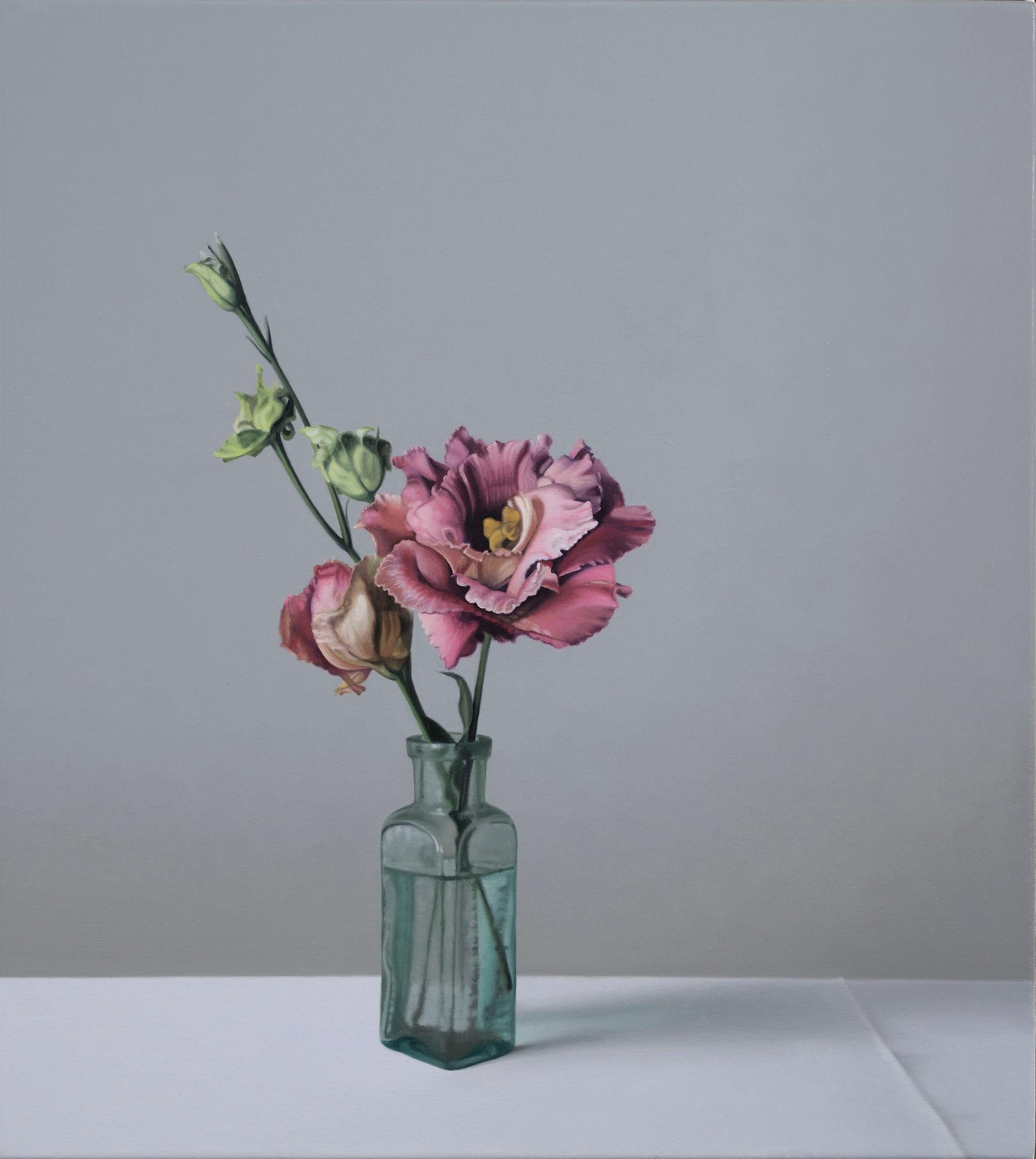 Still Life with Glass Bottle and Lisianthus - Painting by Jo Barrett