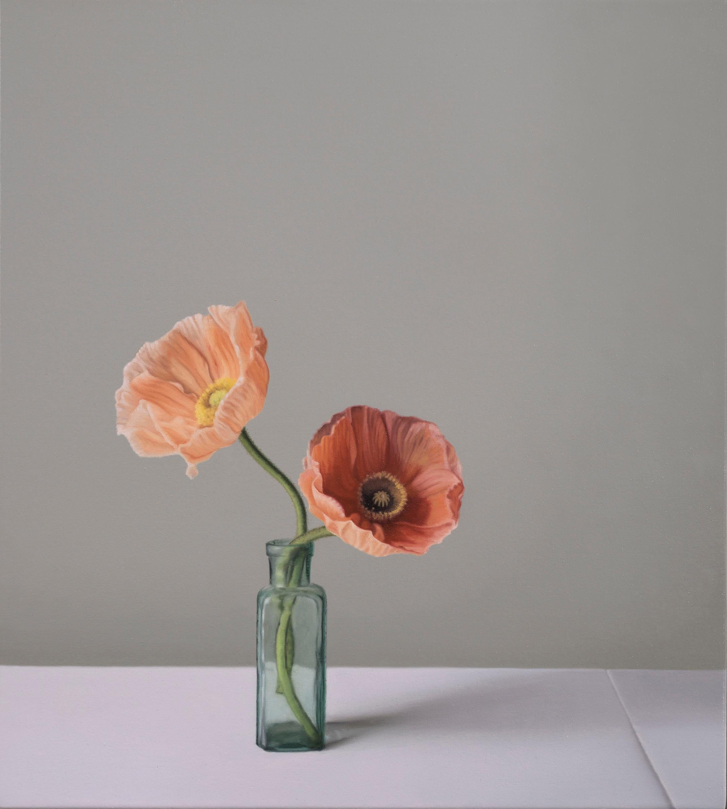 Still Life with Glass Bottles and Icelandic Poppies - Painting by Jo Barrett