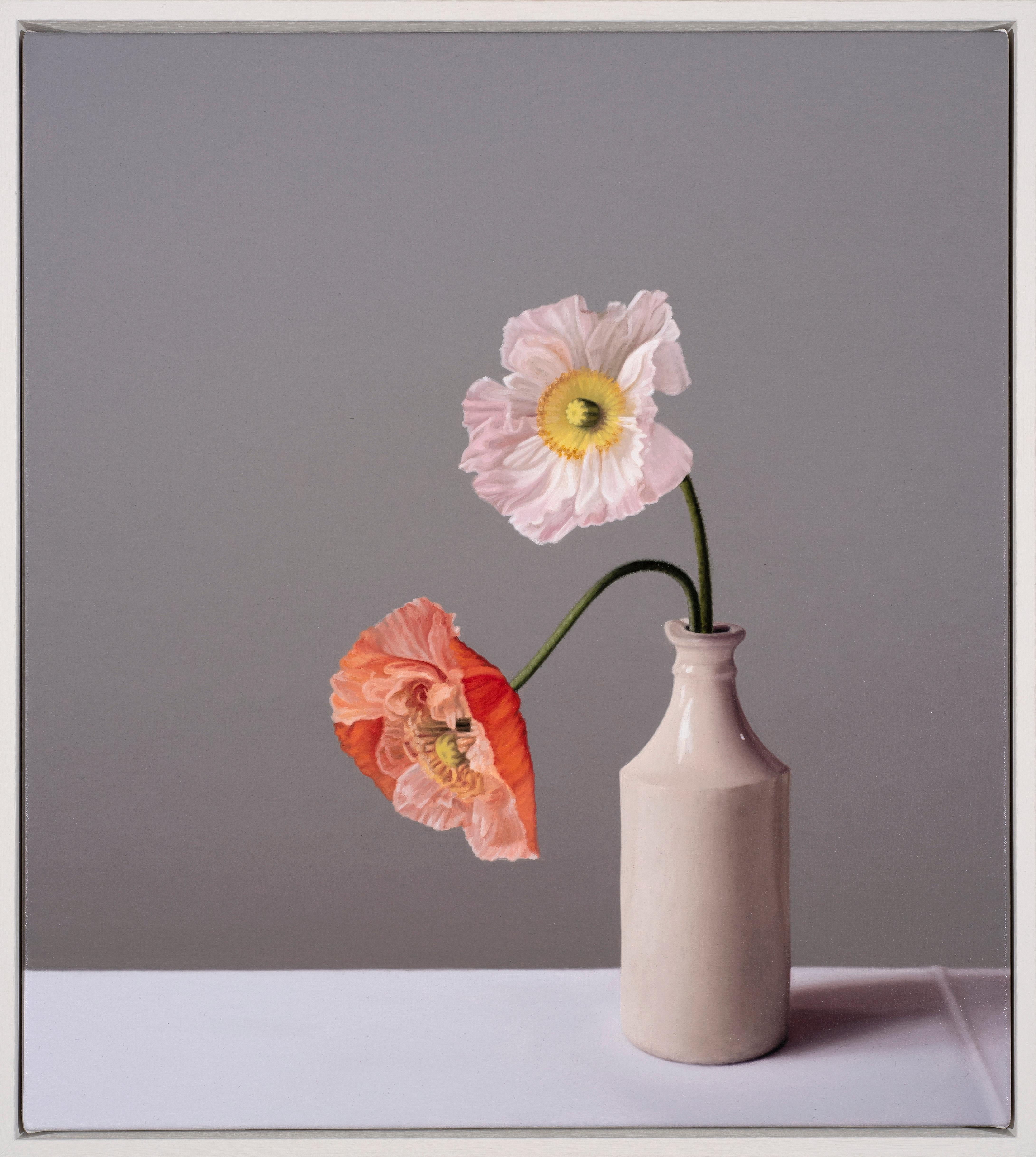 Still Life with Iceland Poppies and Stoneware Bottle - From Fern Verrow - Painting by Jo Barrett