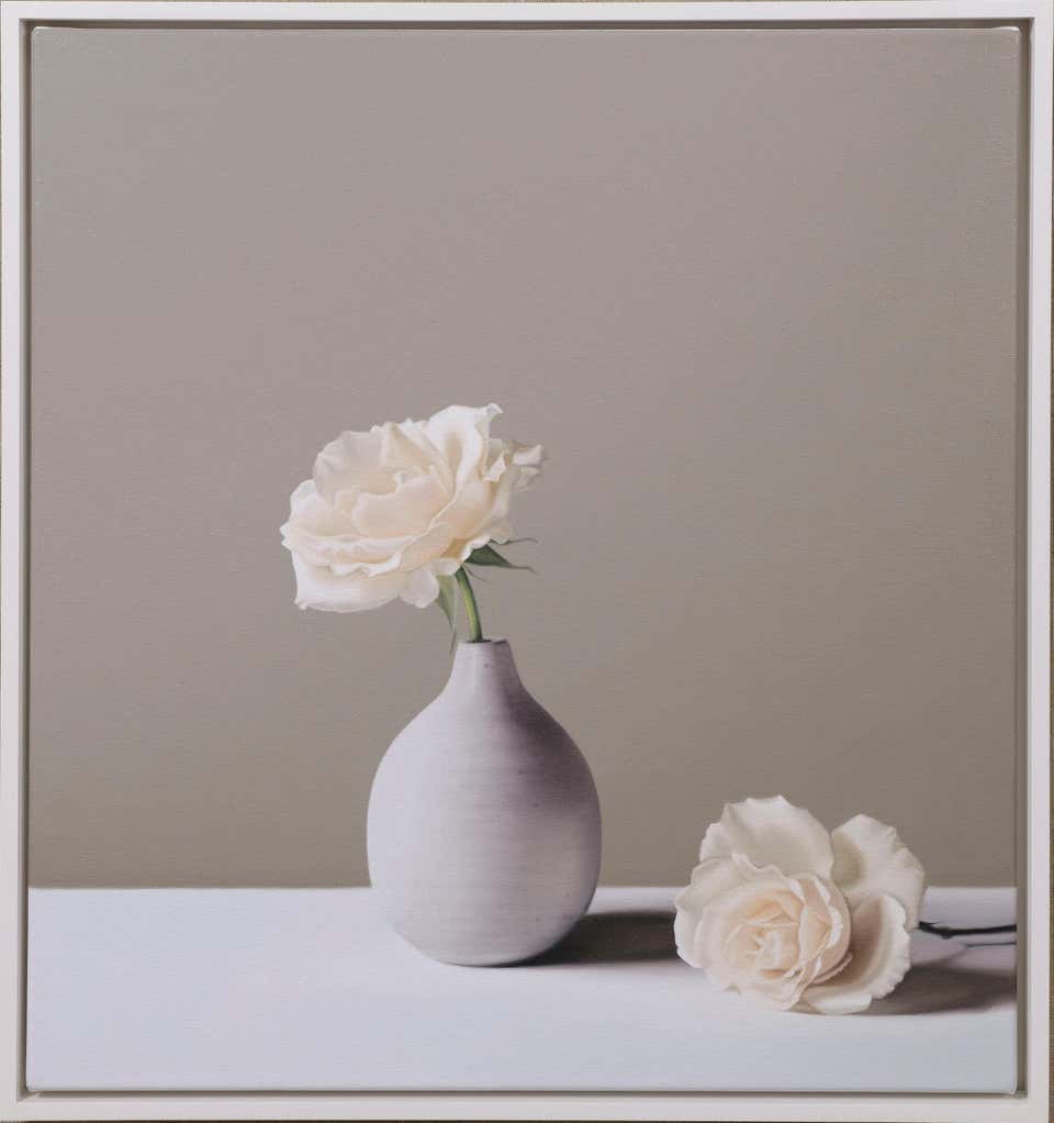 Jo Barrett - Still Life with Small Tin Glazed Bottle and Roses at 1stDibs