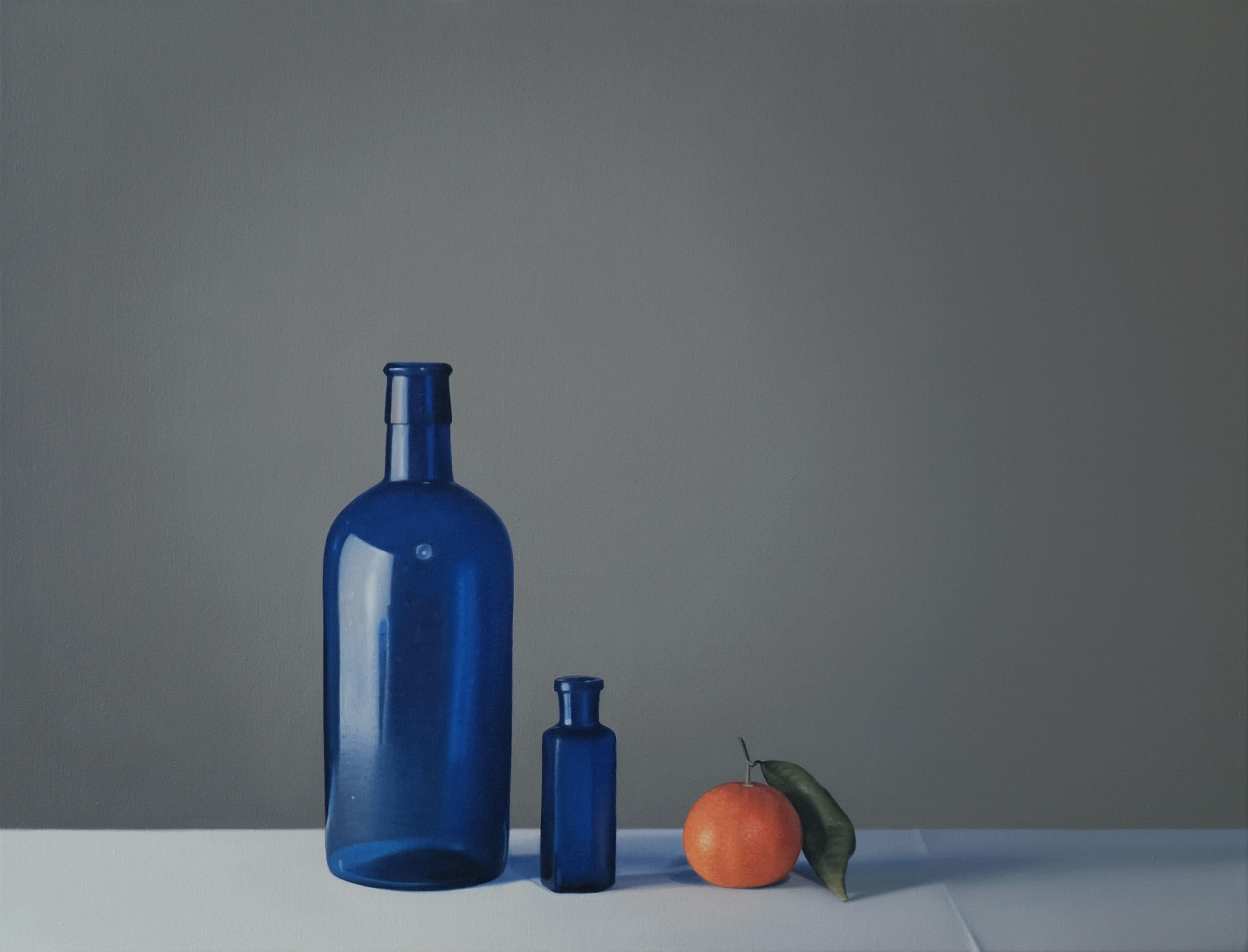 Still Life with Two Blue Glass Bottles and Clementine