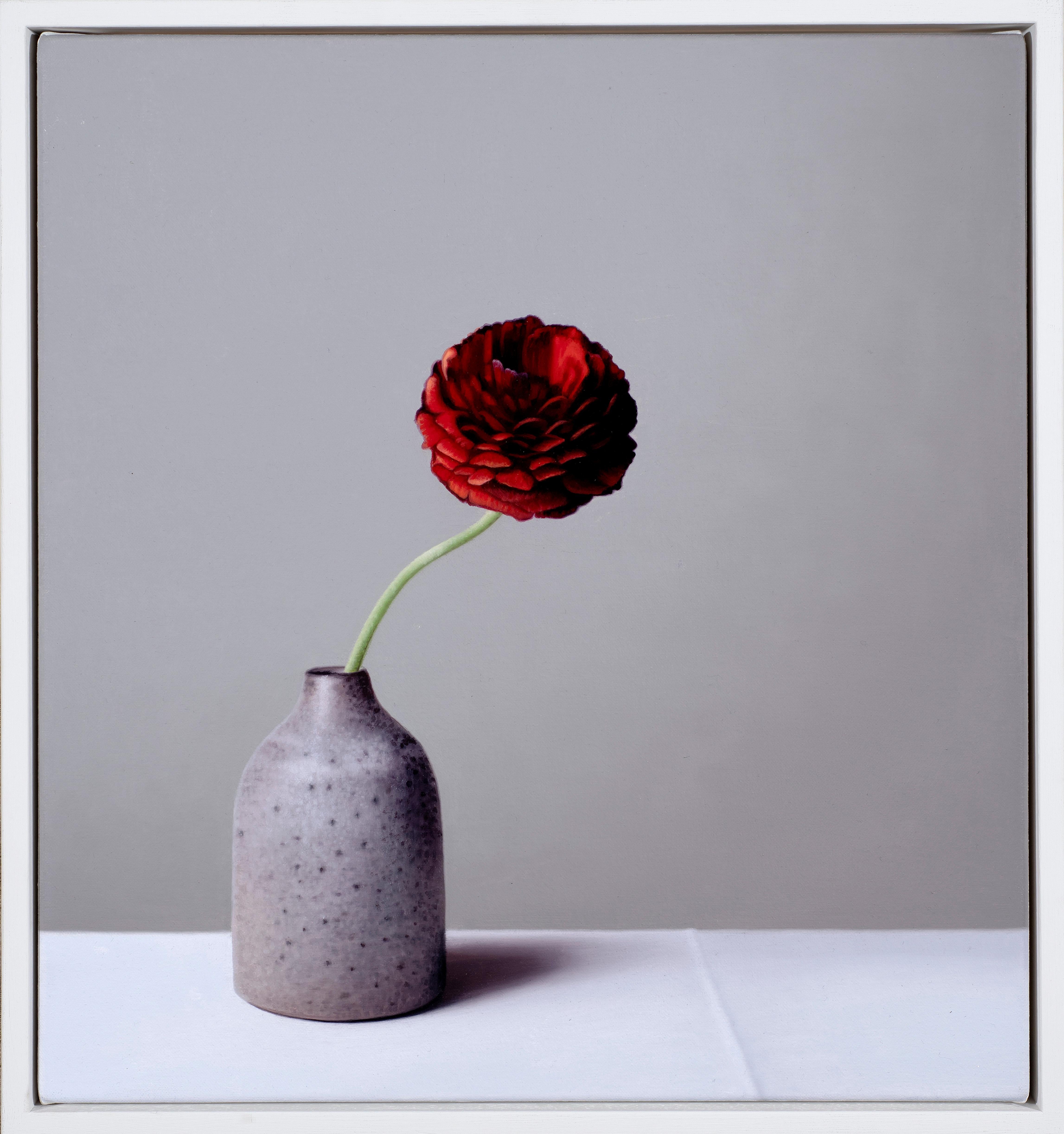 Still Life with Wood Ash Glazed Bottle and Red Ranunculus - From the Fern Verrow - Painting by Jo Barrett