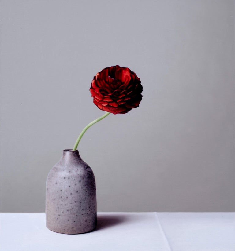 Jo Barrett Interior Painting - Still Life with Wood Ash Glazed Bottle and Red Ranunculus - From the Fern Verrow