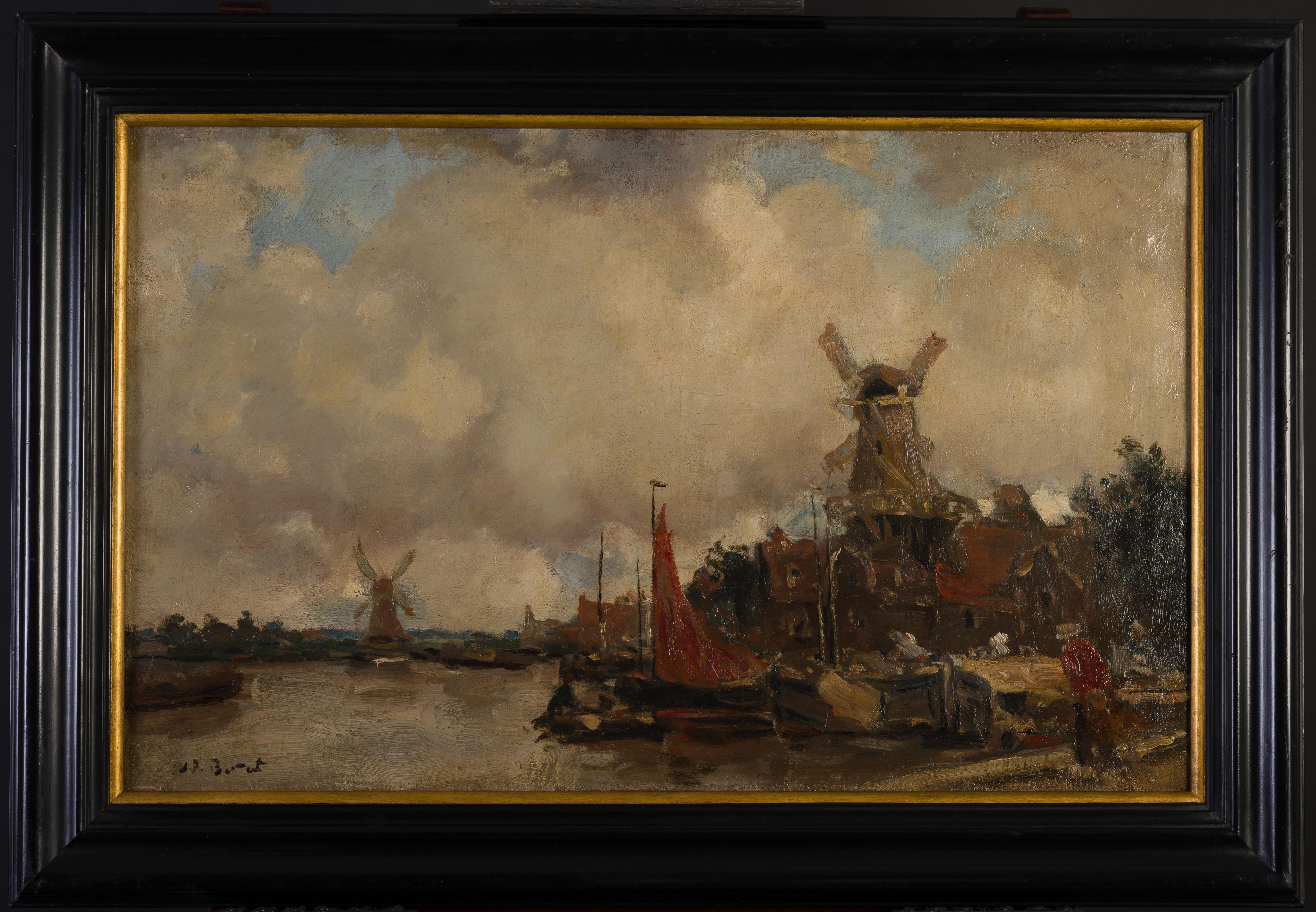 Niederländische Kanallandschaft mit Windmühlen. – Painting von Jo Bauer-Stumpff
