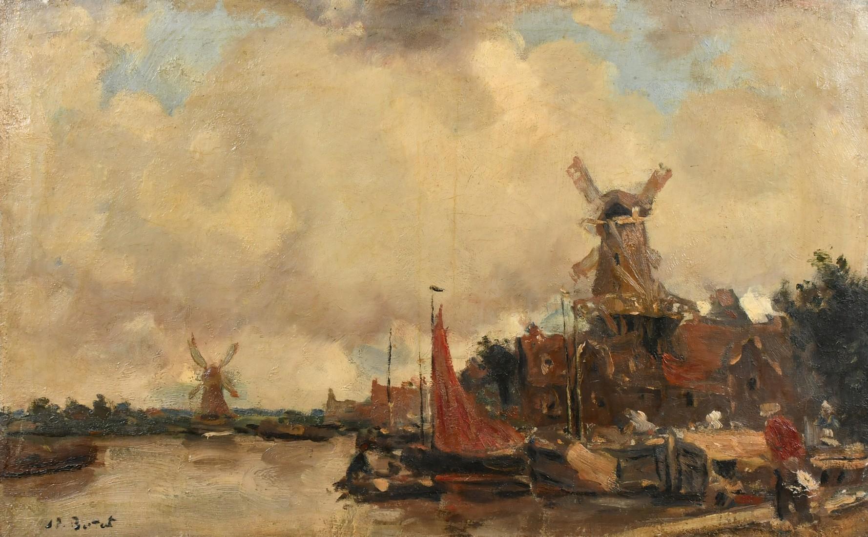 Niederländische Kanallandschaft mit Windmühlen. (Schwarz), Landscape Painting, von Jo Bauer-Stumpff