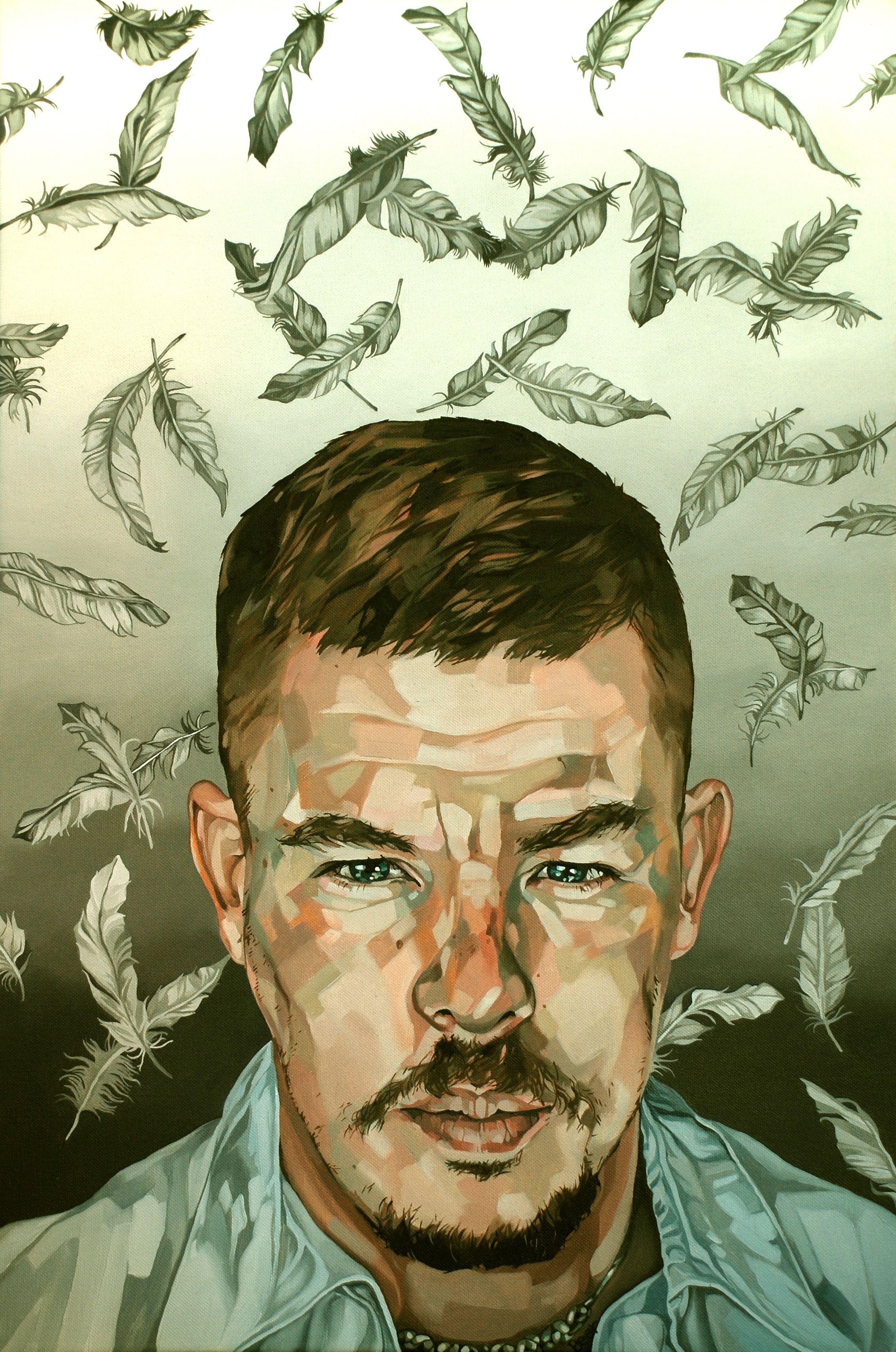 British style icon, sadly no longer with us.  Creative genius, this is a tribute to him.    I have given him a background based on his feather design. Feathers can be representative of angels, I have painted them grey to represent peace. :: Painting