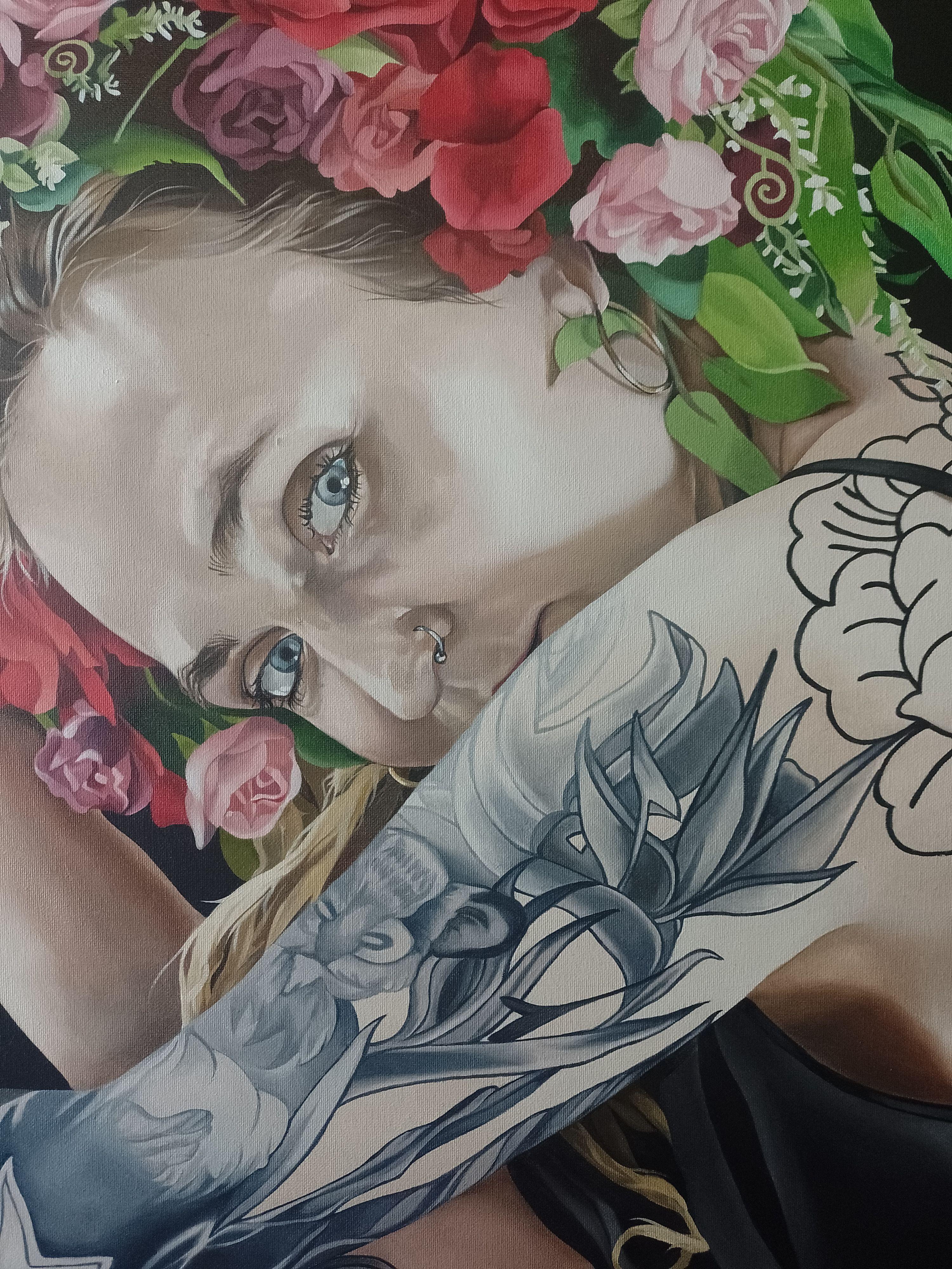 Inchiostro e fiori, Pittura, Olio su tela - Painting Realismo di Jo Beer