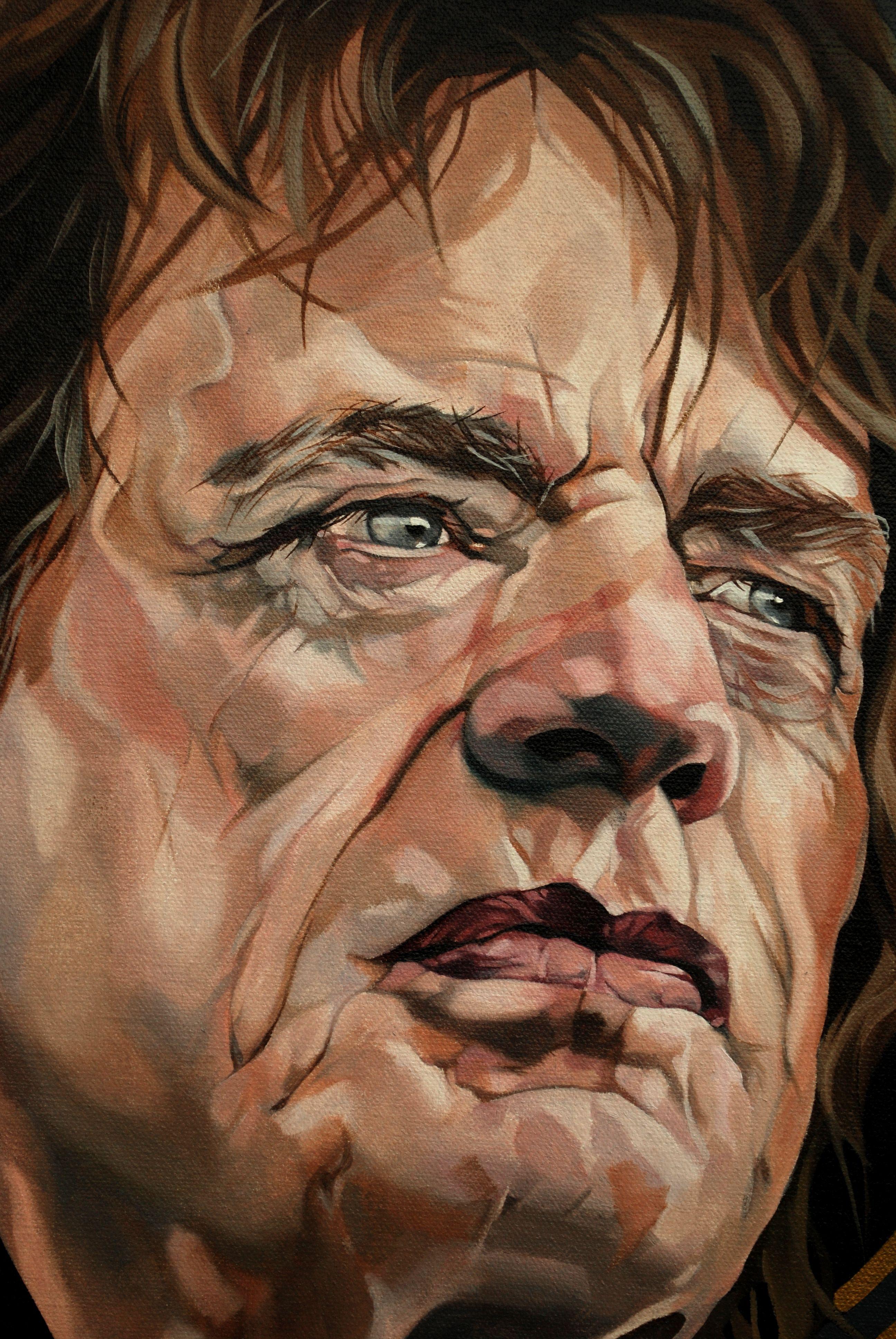 Portrait of Mick Jagger. Jagger looks fairly elegant I think, I wanted to paint him as he is now, more characterful with age. I love the Rolling Stones log, it's so iconic, so seemed to be the obvious choice for a contemporary background. I have