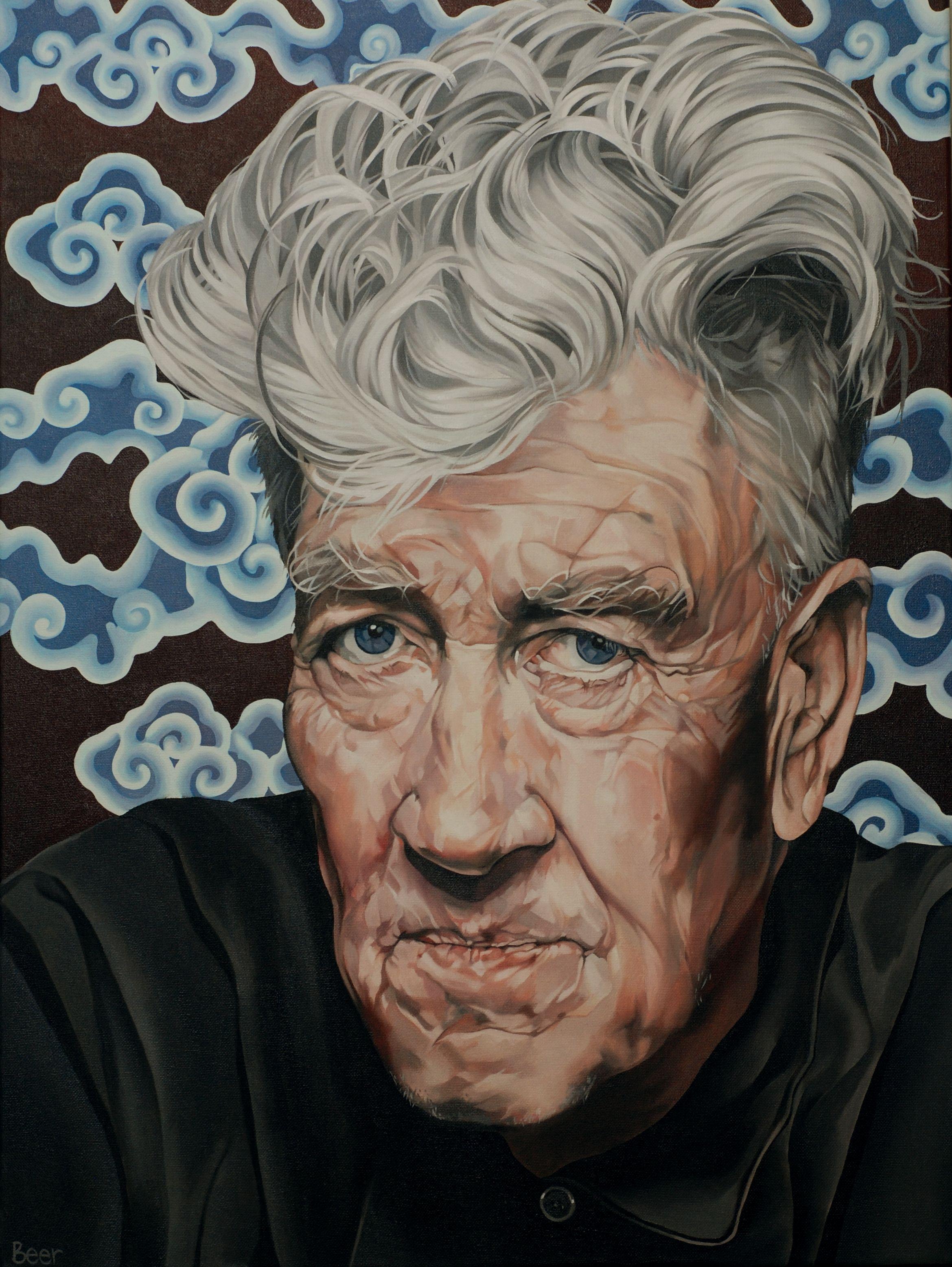 Portrait of artist / film maker David Lynch.    Lynch is a keen transcendental meditator, so I decided to give him a back ground of Tibetan clouds, they match his eyes and provide a lovely pretty bit of calm.    Edges painted black. :: Painting ::