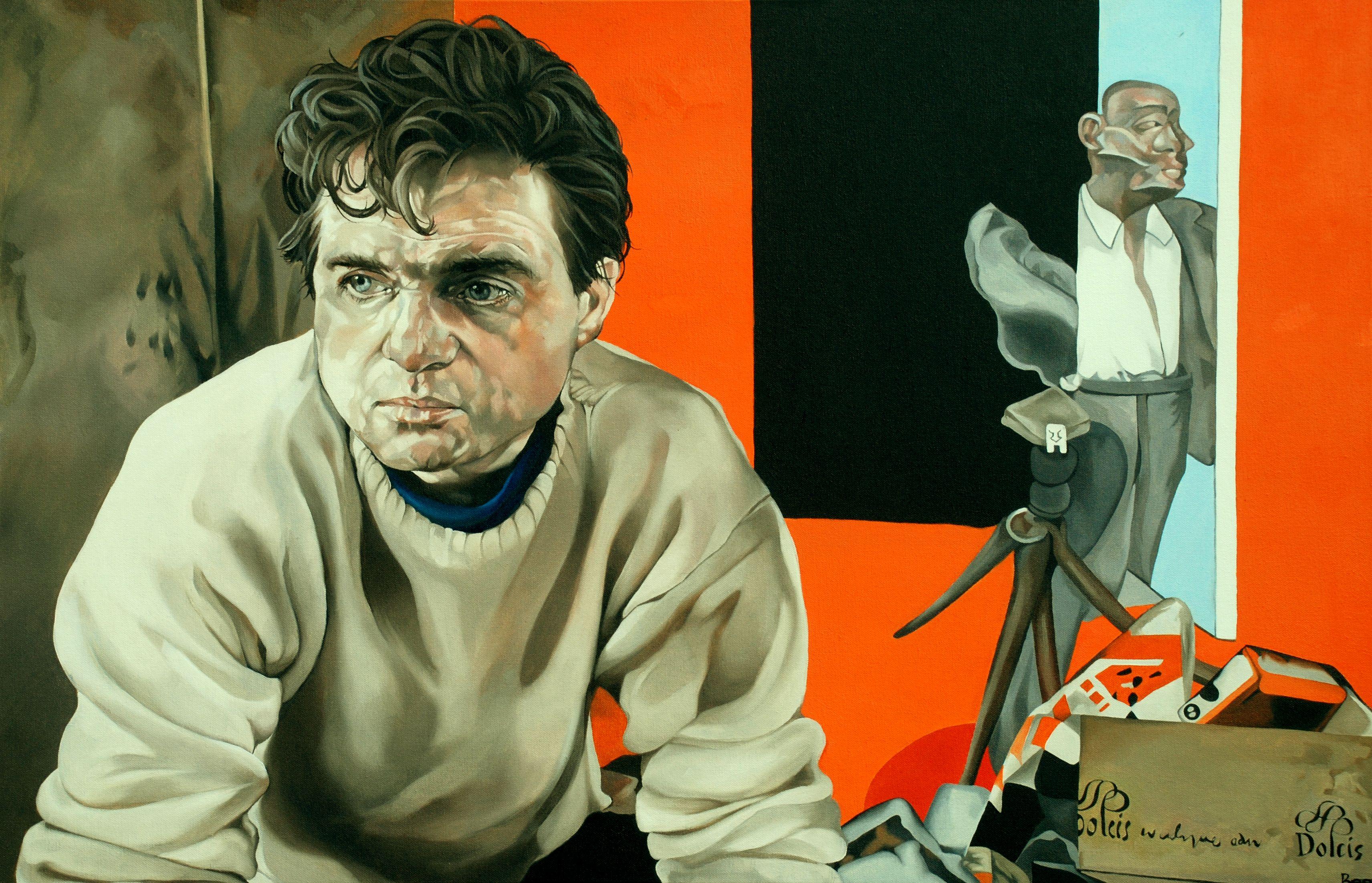 Portrait of the late British artist Francis Bacon.   A fairly youthful Bacon sits lost in thought in his studio. I decided to sit him in front of one of his pieces from that era, I like the solid orange and black - it adds a great contemporary feel
