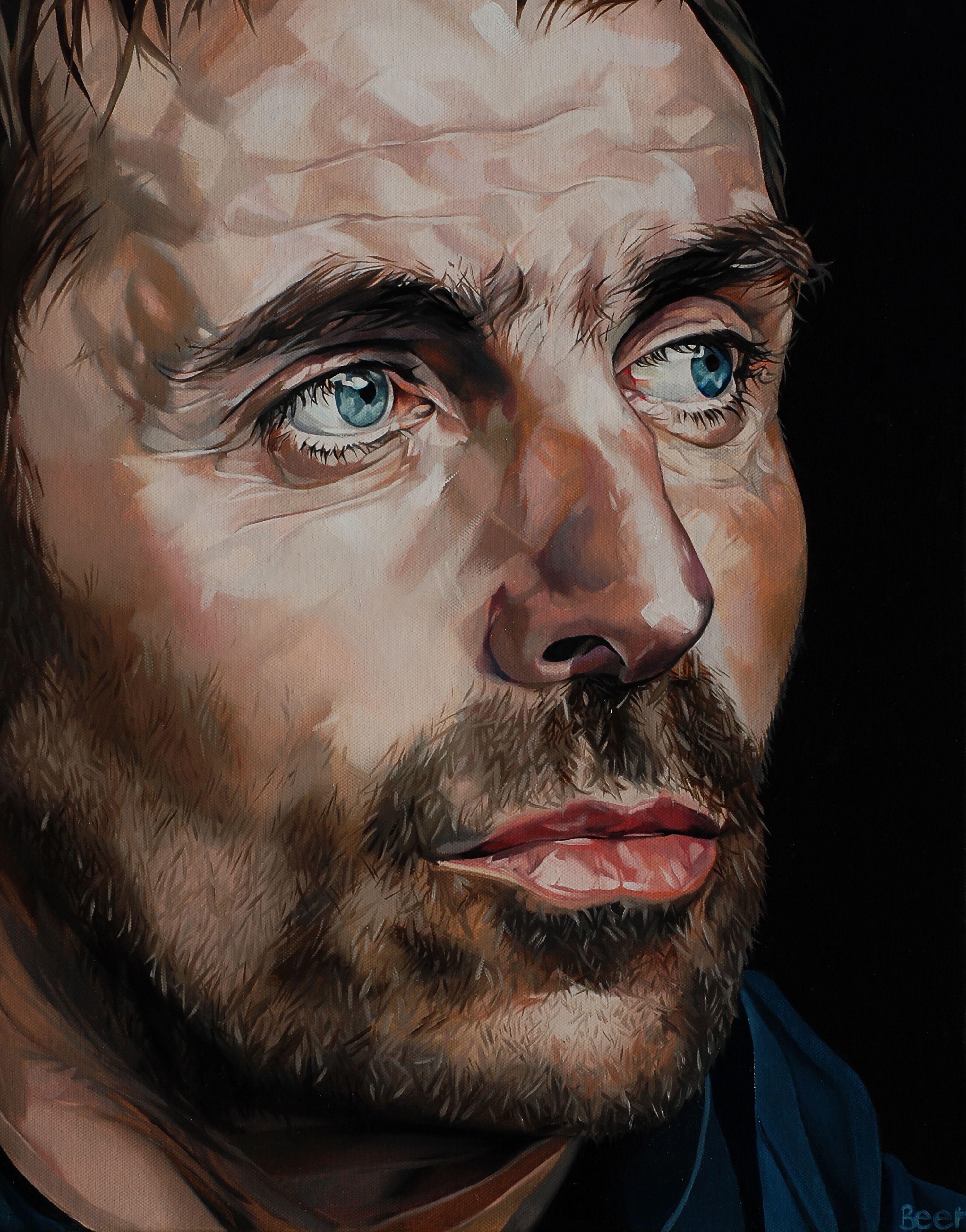 Portrait of Oasis frontman Liam Gallagher.  I enjoy painting to this scale, despite the canvas not being excessively large, the face is, resulting in a piece that has impact and presence it's a portrait that definitely has 'swagger'    Title refers
