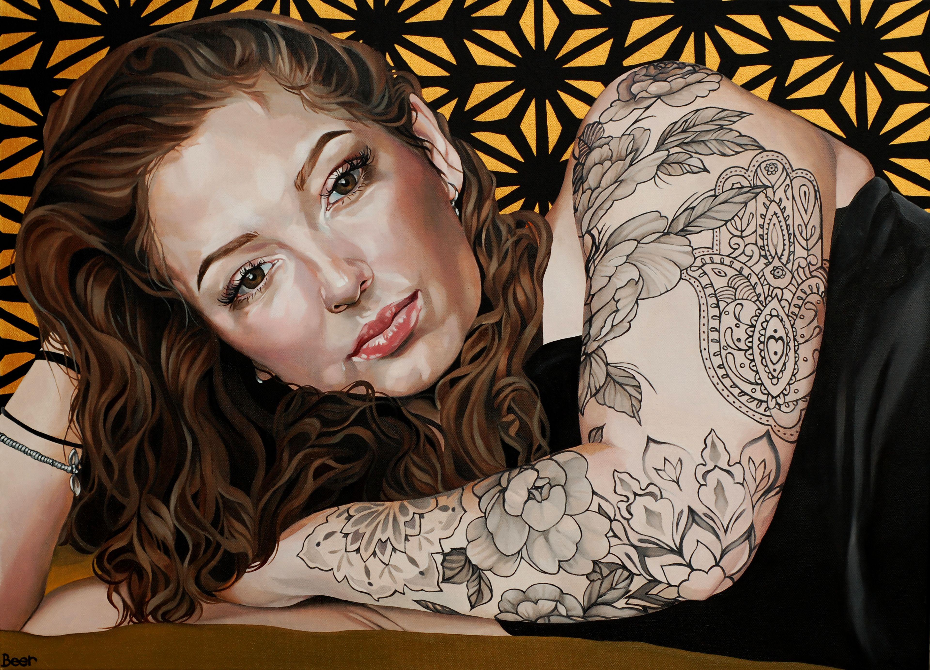 I have painted beautiful Phoebe many times, the process gets longer as she adds to her collection of tattoos.  I wanted to create a piece that looks sumptuous and luxurious.  Although painted in oil, I have added metallic gold acrylic to the