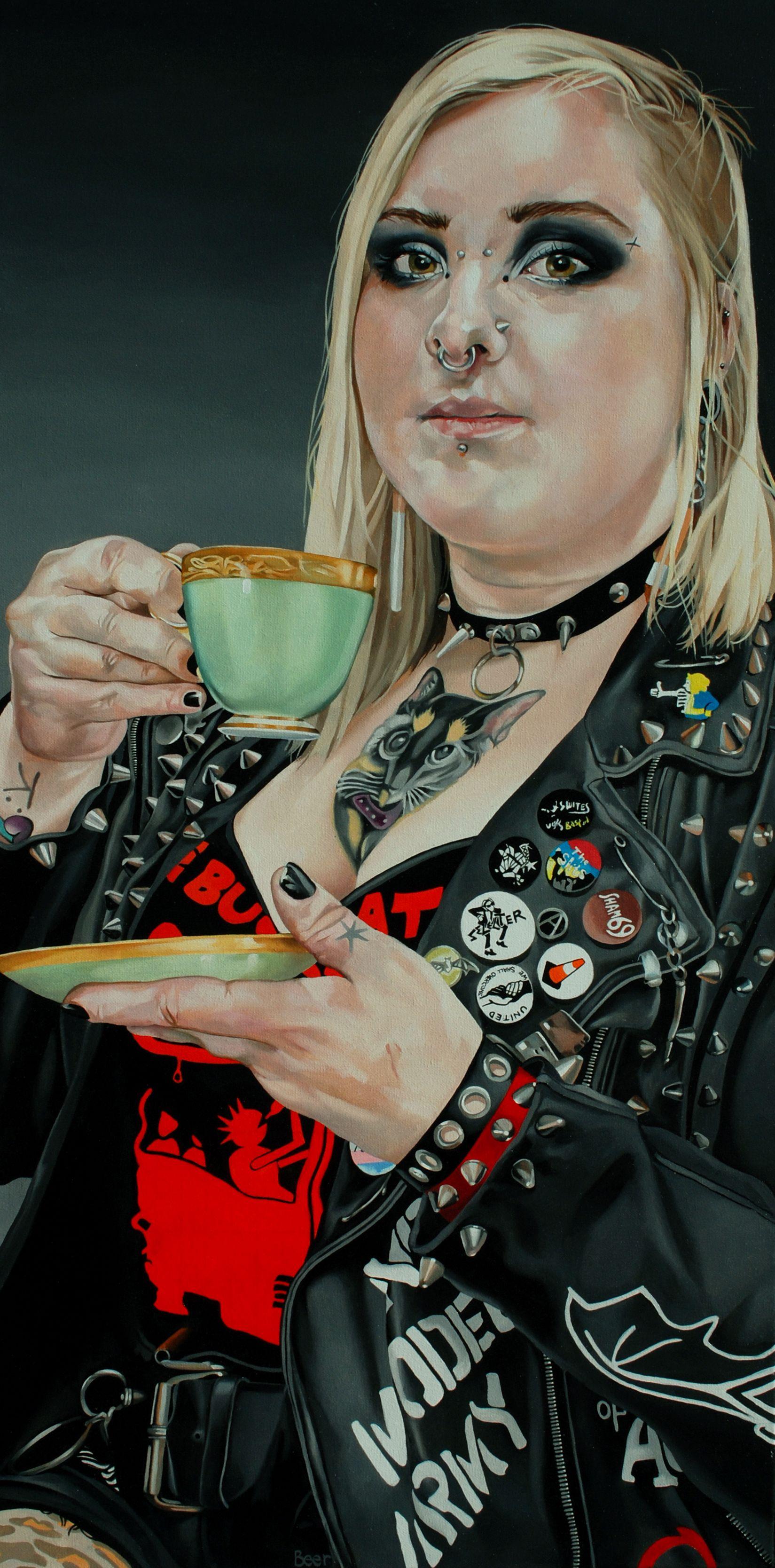 I wanted to paint a punk drinking a cup of tea...those two things say 'British' to me. I found this beautiful china teacup & saucer in an antique shop and thought that it would provide a nice contrast in that composition.  Billi is a talented