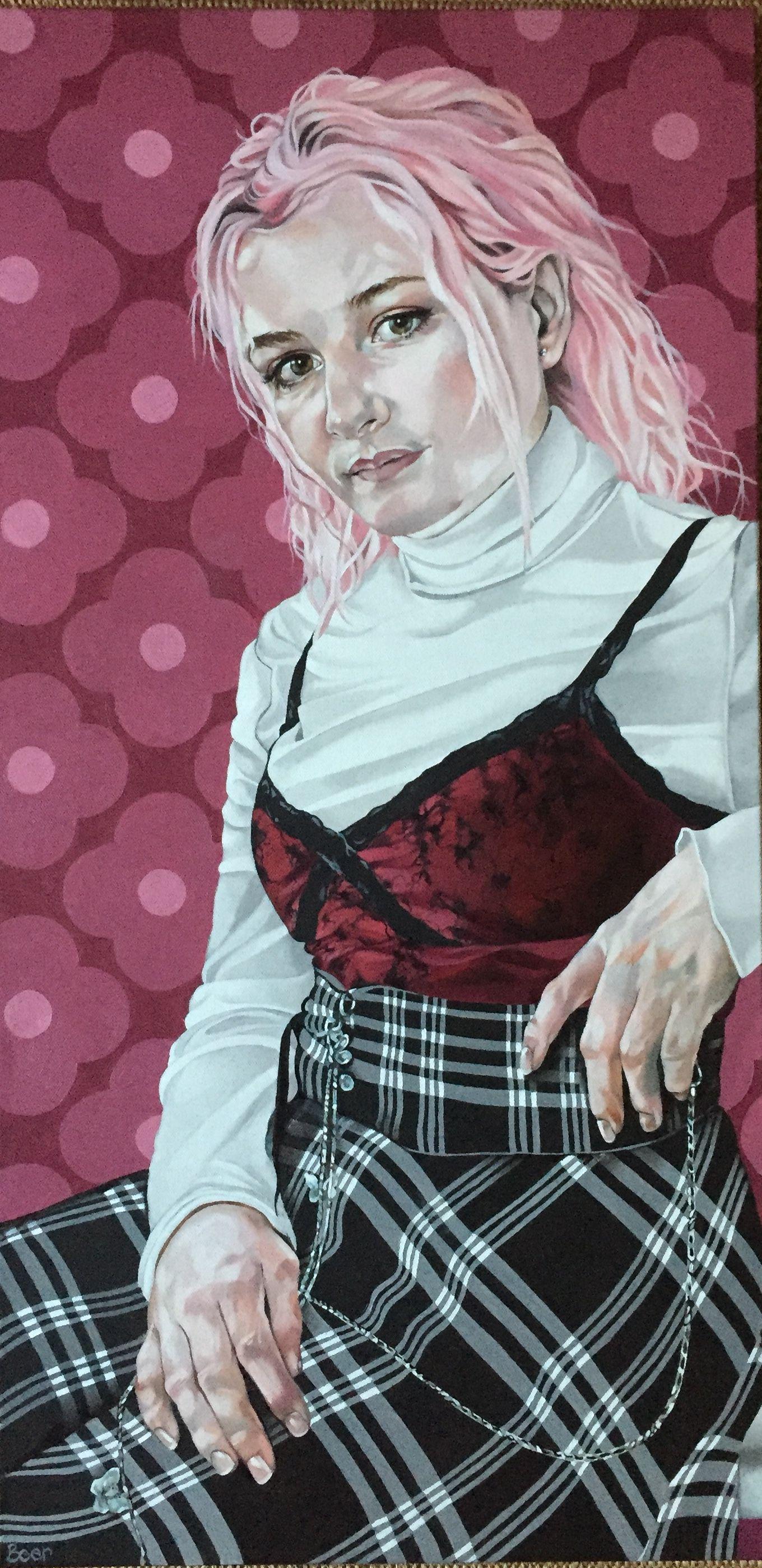 I love Rosieâ€™s quirky style, itâ€™s sort of steampunk. Her hair colour changes frequently so I captured her pink phase.     I wanted a slightly kitsch feel so added an Orla Kiely pattern to the background which compliments the hair, lace top and