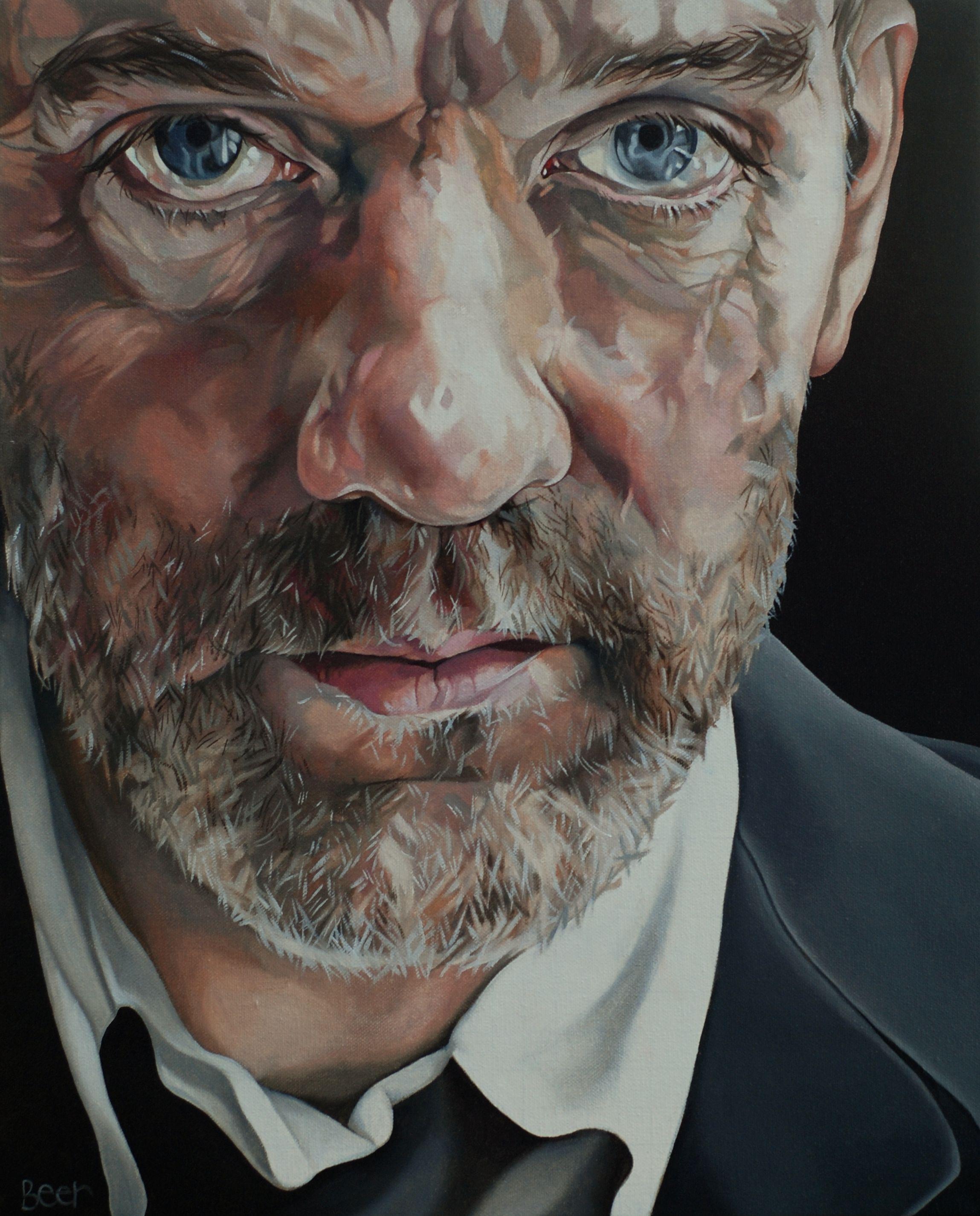 Portrait of REM frontman Michael Stipe.  I enjoy painting face on this scale, it allows me to pay a lot of attention to small detail. I like to see a face that shows a life lived, lines, creases, sags, whiskers.    Deep edge canvas, edges painted