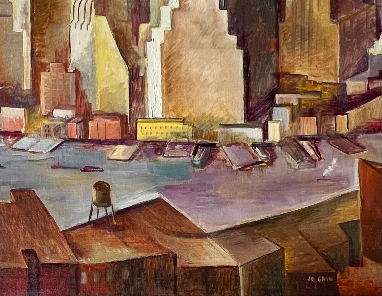 Lower Manhattan Amerikanischer Modernismus NYC Cityscape Sozialer Realismus WPA 20. Jahrhundert – Painting von Jo Cain