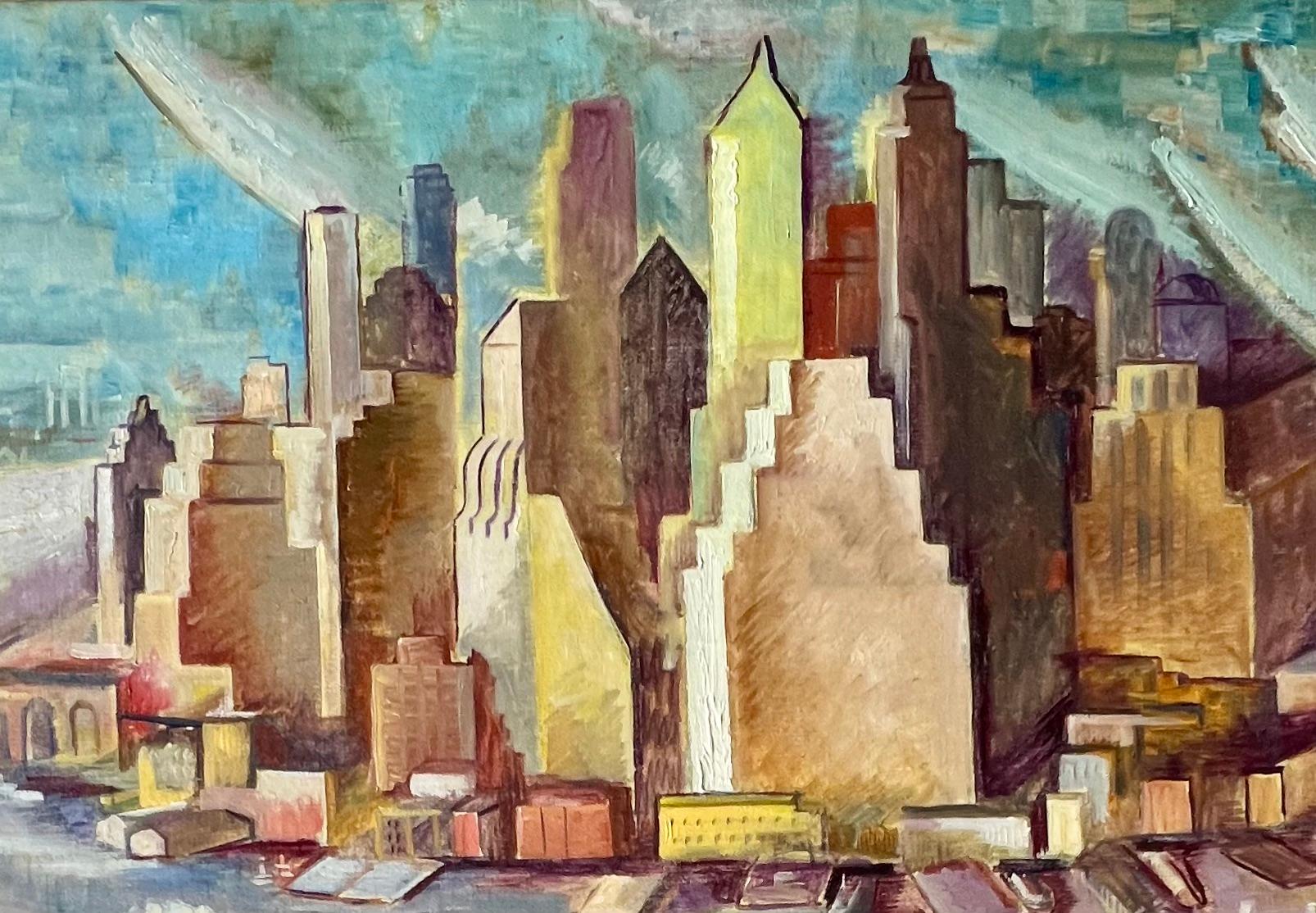 Lower Manhattan Amerikanischer Modernismus NYC Cityscape Sozialer Realismus WPA 20. Jahrhundert (Amerikanische Moderne), Painting, von Jo Cain