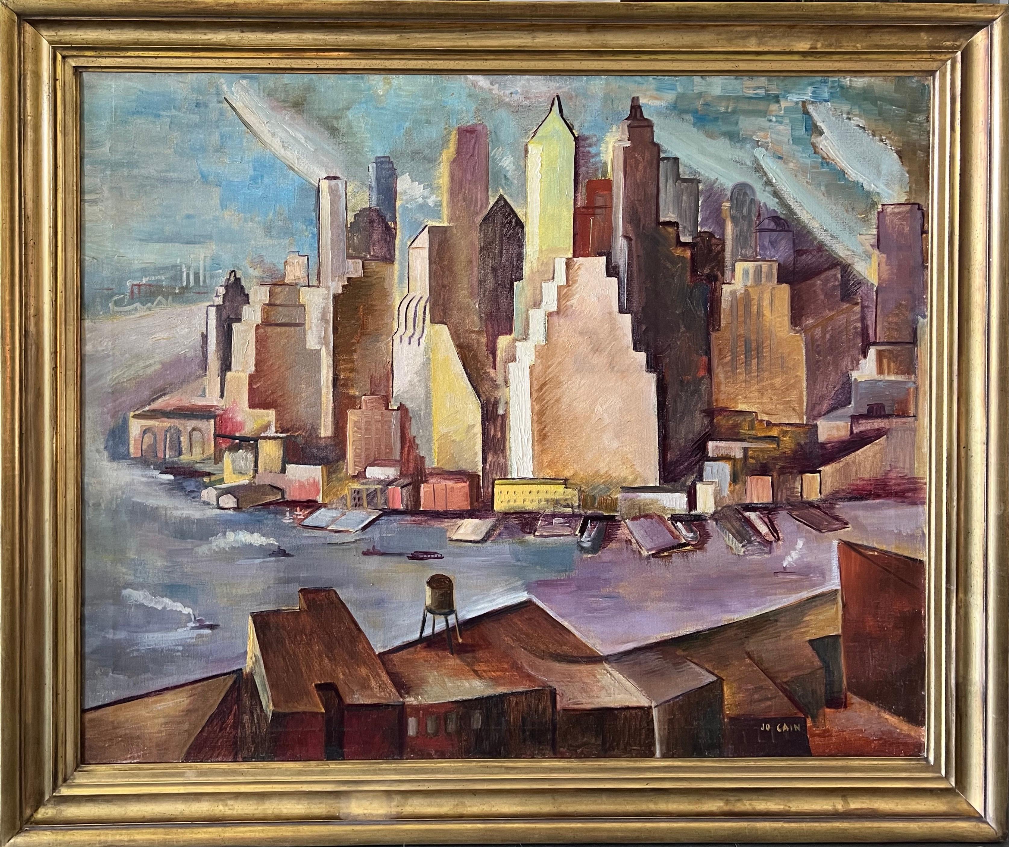 Jo Cain Landscape Painting – Lower Manhattan Amerikanischer Modernismus NYC Cityscape Sozialer Realismus WPA 20. Jahrhundert
