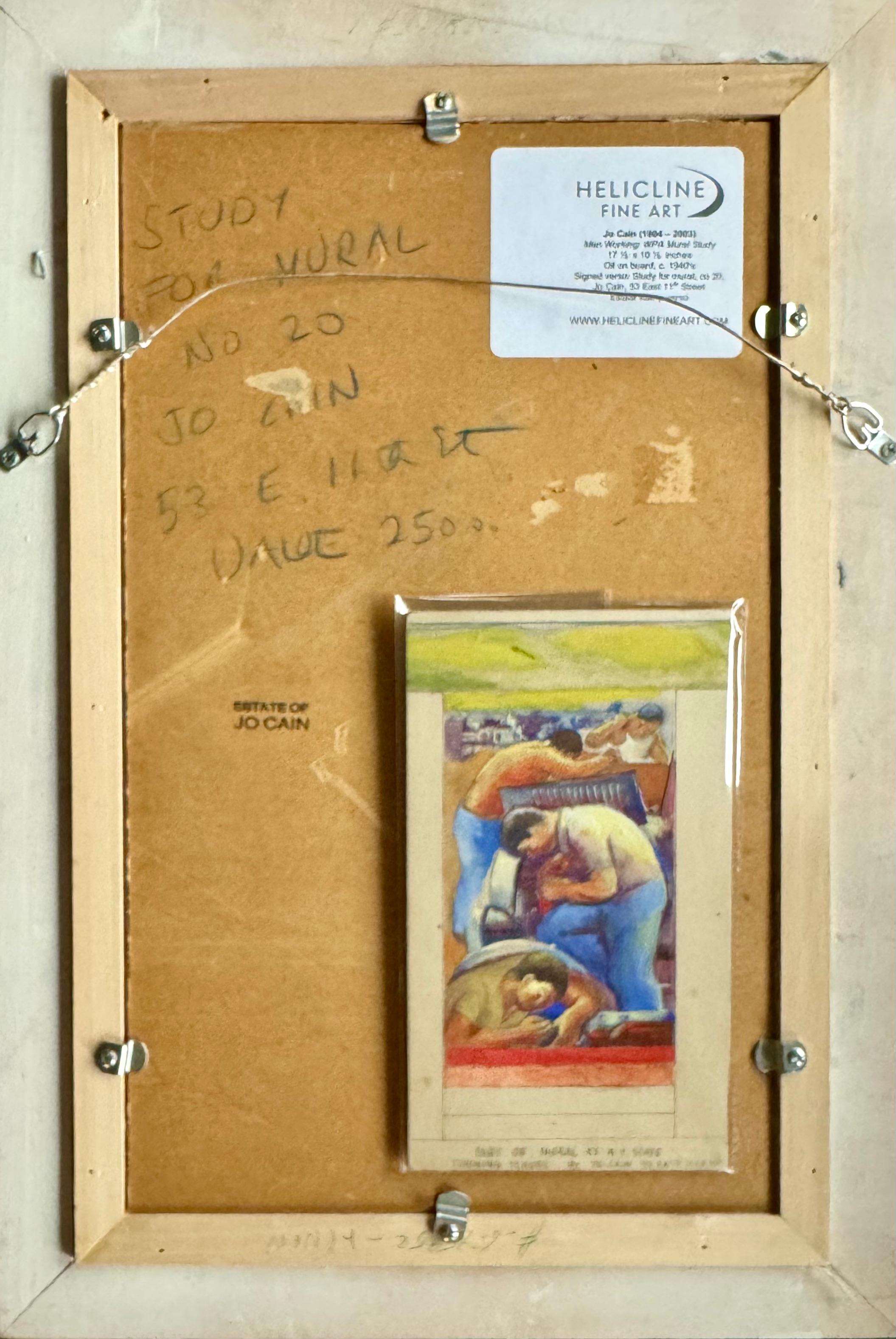 Men Working Mural Study Amerikanische Szene Sozialrealismus Mitte des 20. Jahrhunderts Moderne 

Jo Cain (1904 - 2003)
Männer bei der Arbeit: WPA-Wandbildstudie
17 ½  x 10 ½  Zoll
Öl auf Karton, ca. 1940er Jahre
Verso signiert: Studie für