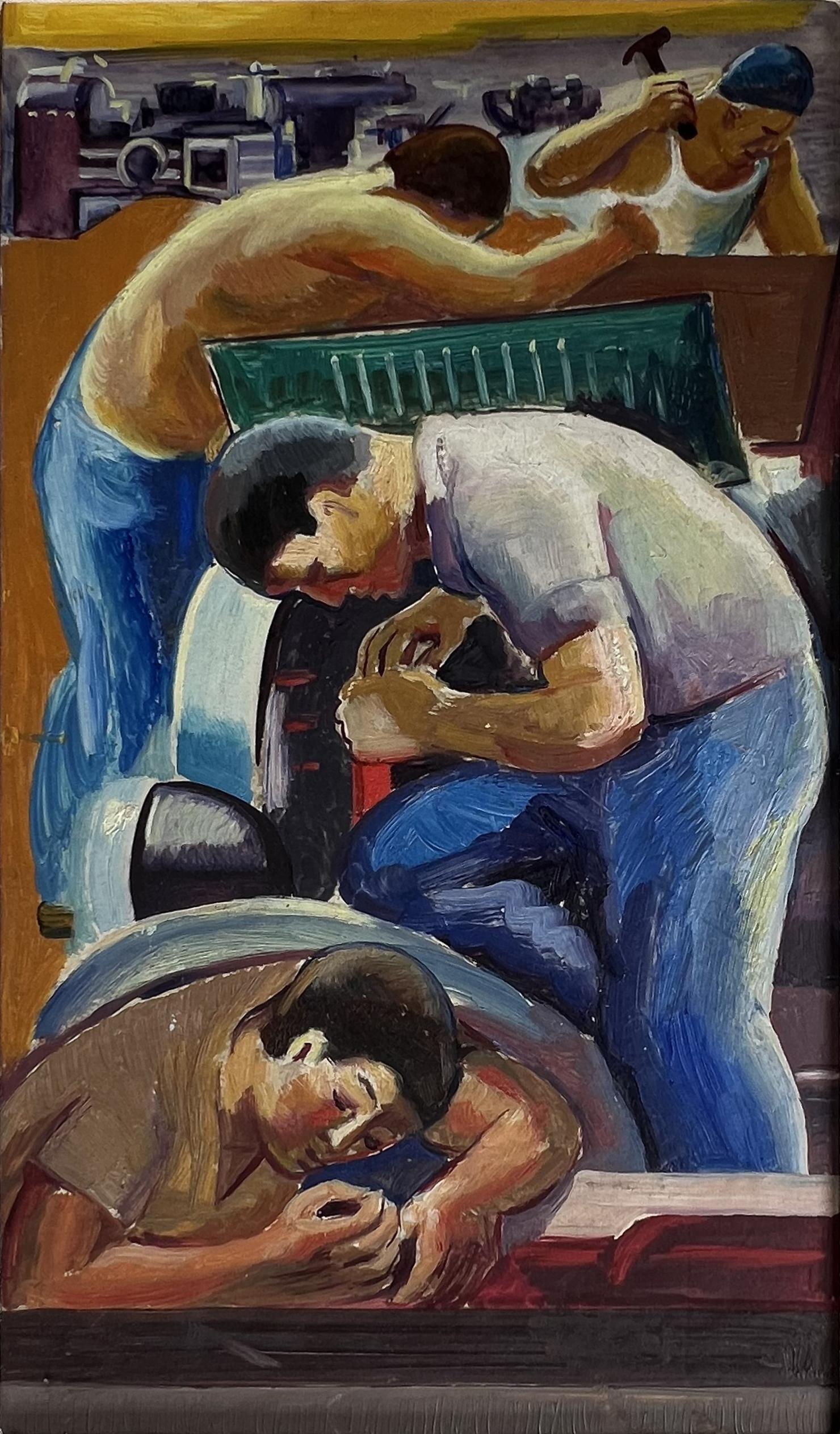 Jo Cain Interior Painting – Men Working Mural Study Amerikanische Szene Sozialrealismus Mitte des 20. Jahrhunderts Moderne 