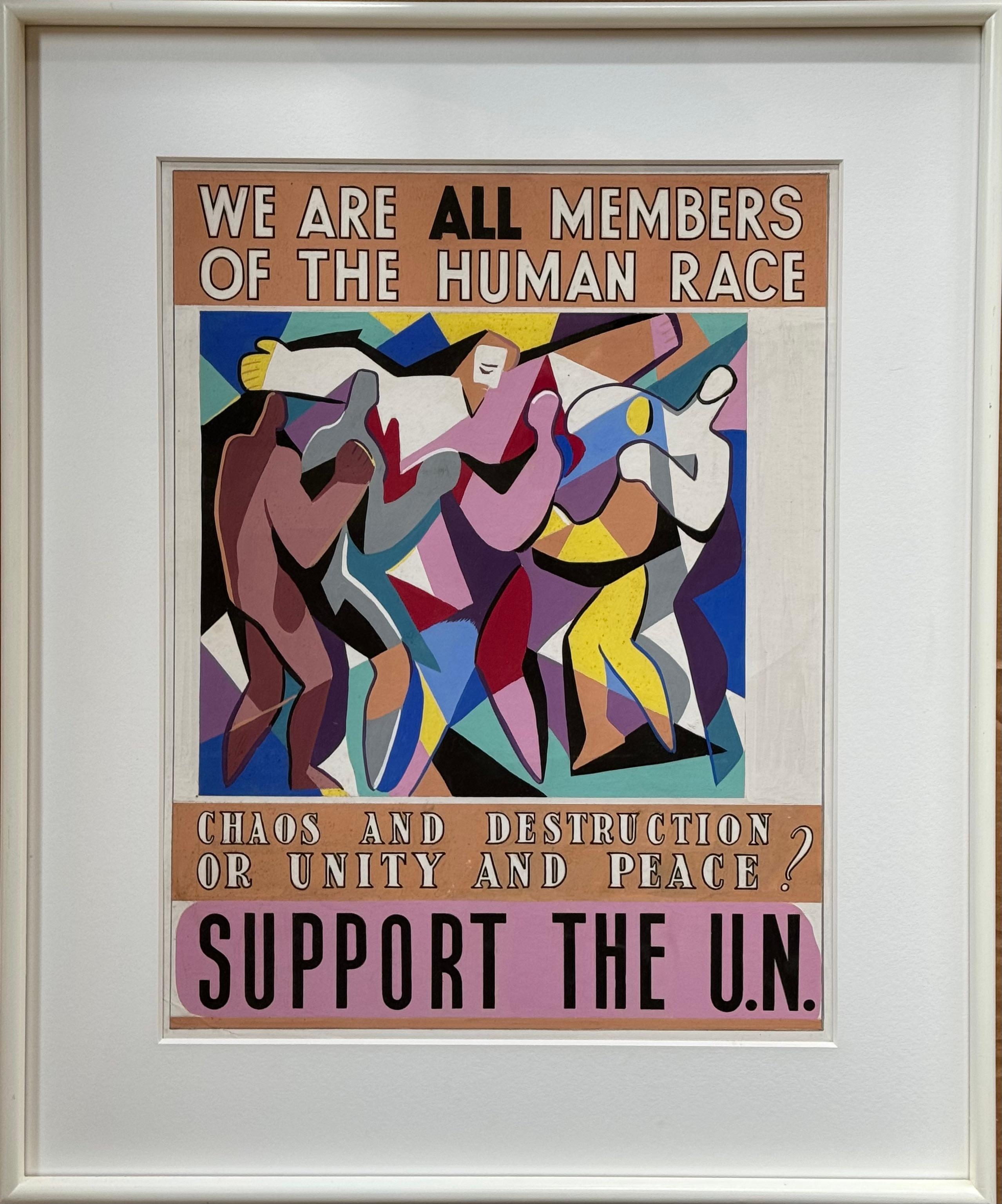UN-Plakat-Design Amerikanische Szene Mitte des 20. Jahrhunderts Modernität WPA Weltfrieden – Painting von Jo Cain