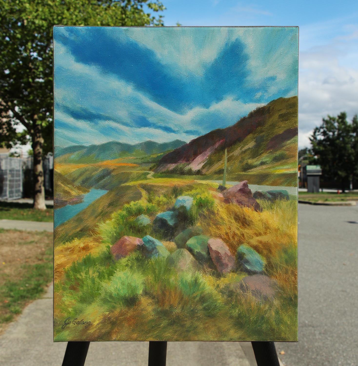 <p>Artist Comments<br />An expansive sky streaked with ethereal white clouds suggests both movement and depth. In the foreground, textured rocks and lush greenery contrast beautifully with the surrounding golden grasses. The balanced colors create a