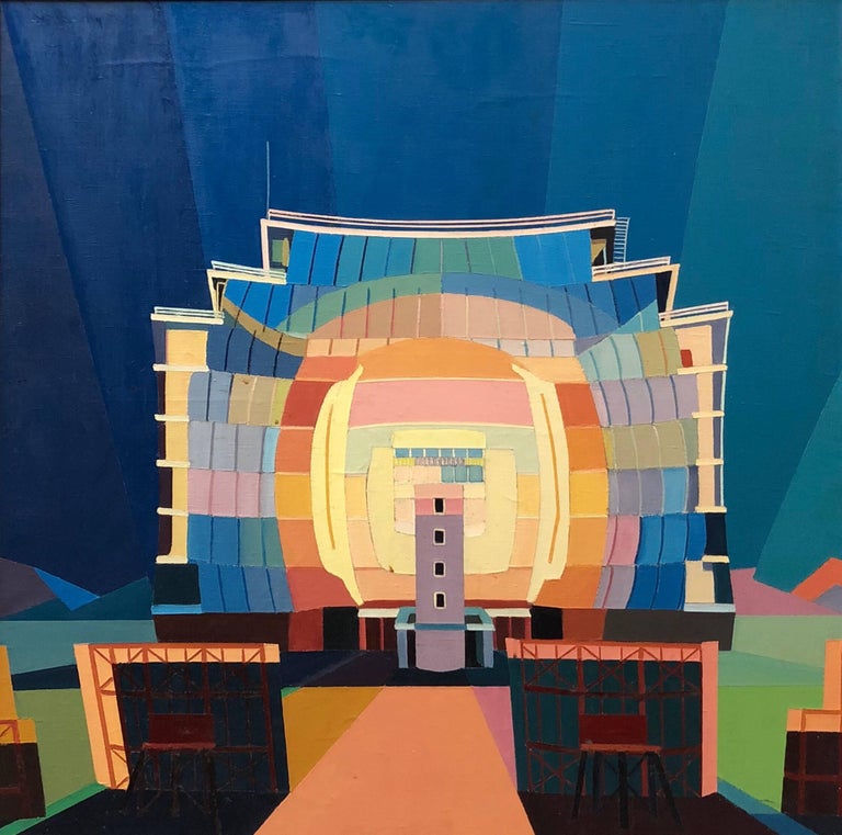 Jo Gundry Landscape Painting - Sun Temple,  Post Industrial Art, Large Modernist Colorful Oil Painting