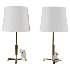 Jo Hammerborg Style Pair Danish Tripod Table Lamps, Brass with New Shades 60s
