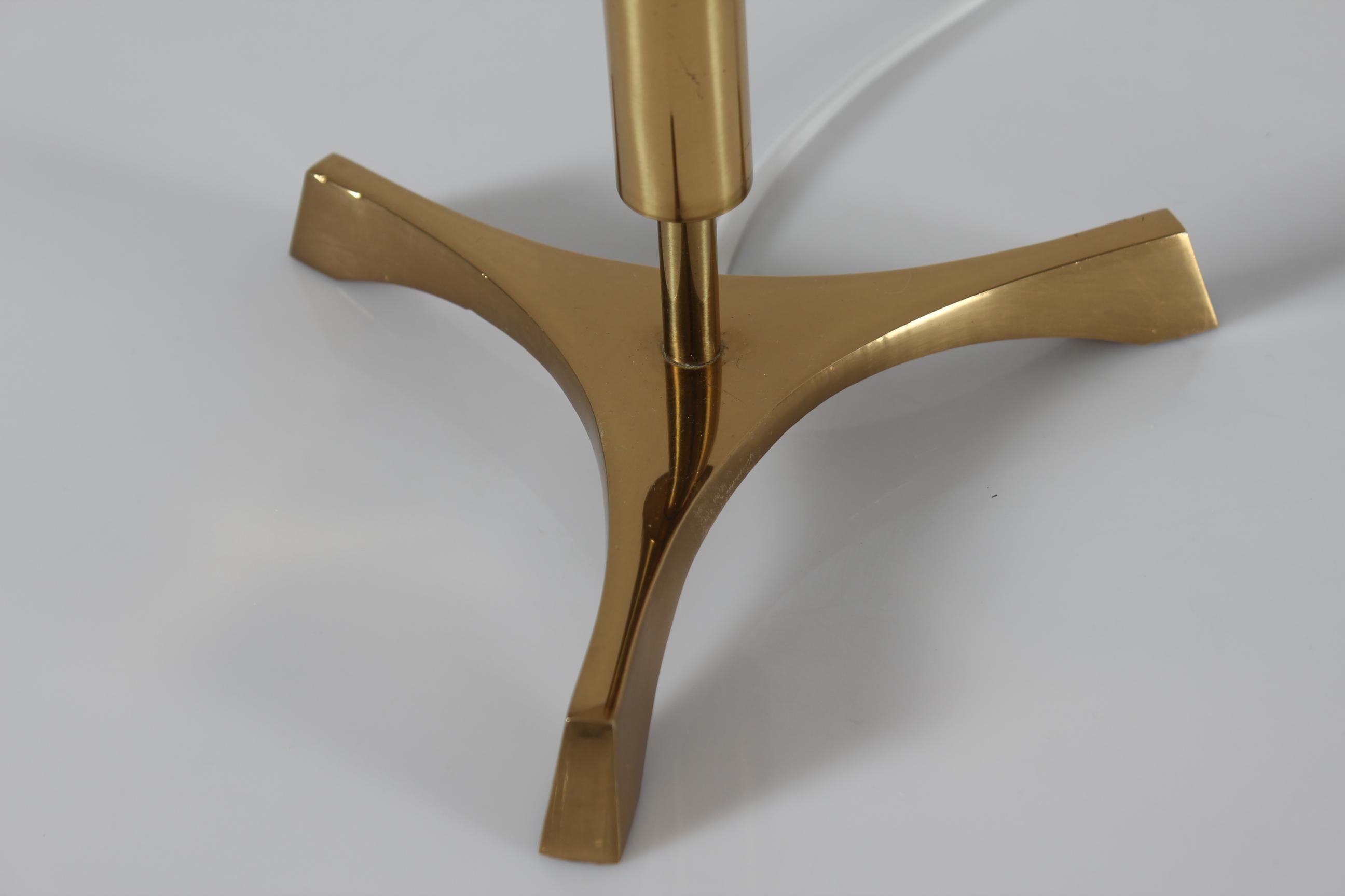 Jo Hammerborg Style Pair Danish Tripod Table Lamps, Brass with New Shades 60s For Sale 1