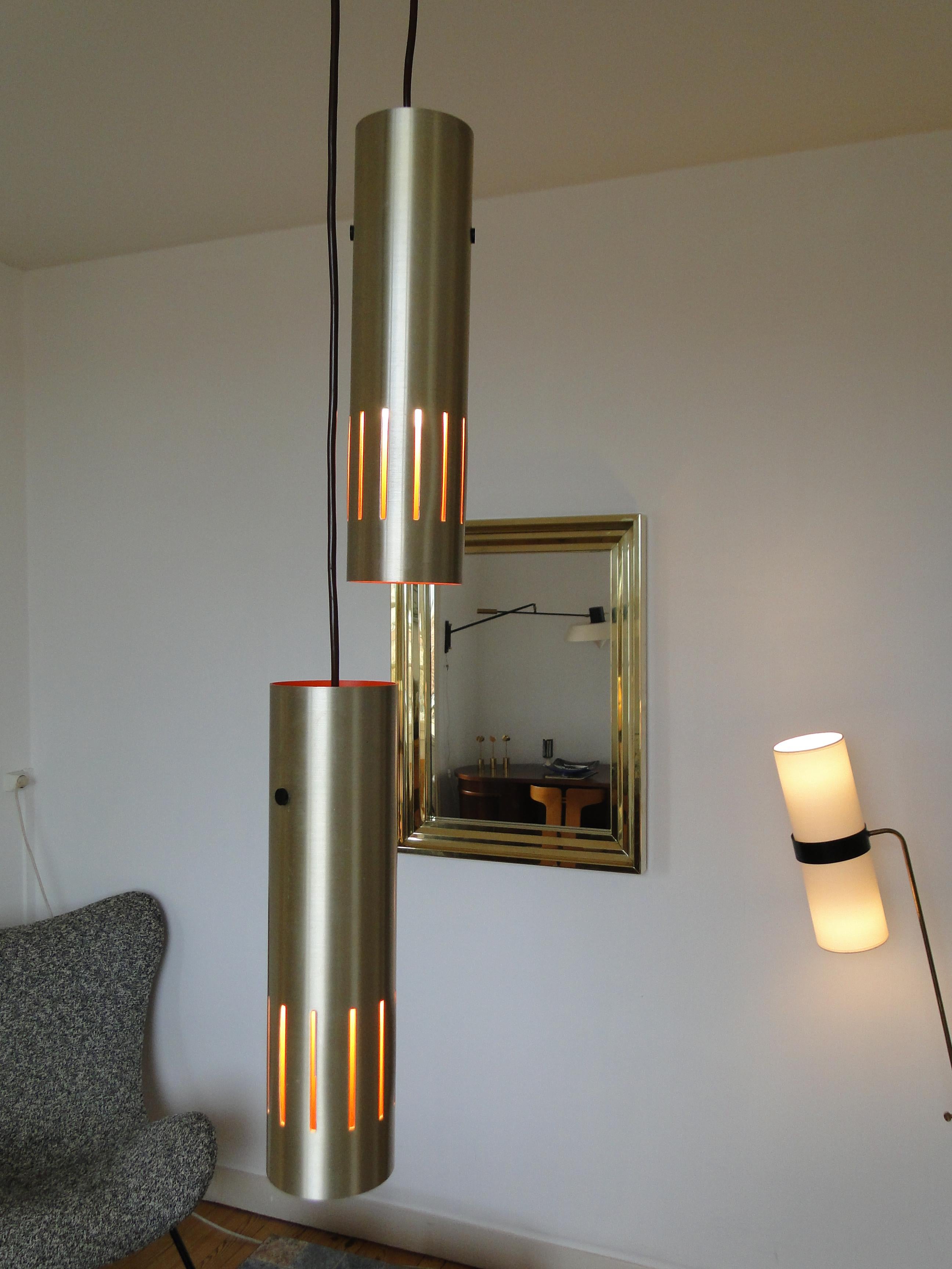 Mid-Century Modern Jo Hammerborg Trombone Pair Brass Pendant Lamps for Fog Morup For Sale