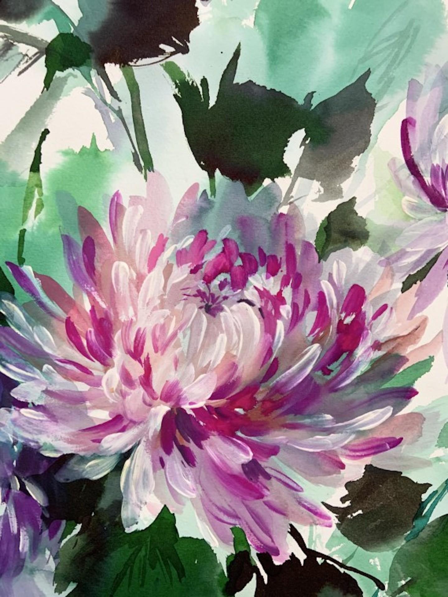 Jo Haran, Drenched Chrysanthemums, Floral Art, Affordable Art, Still Life Art For Sale 1