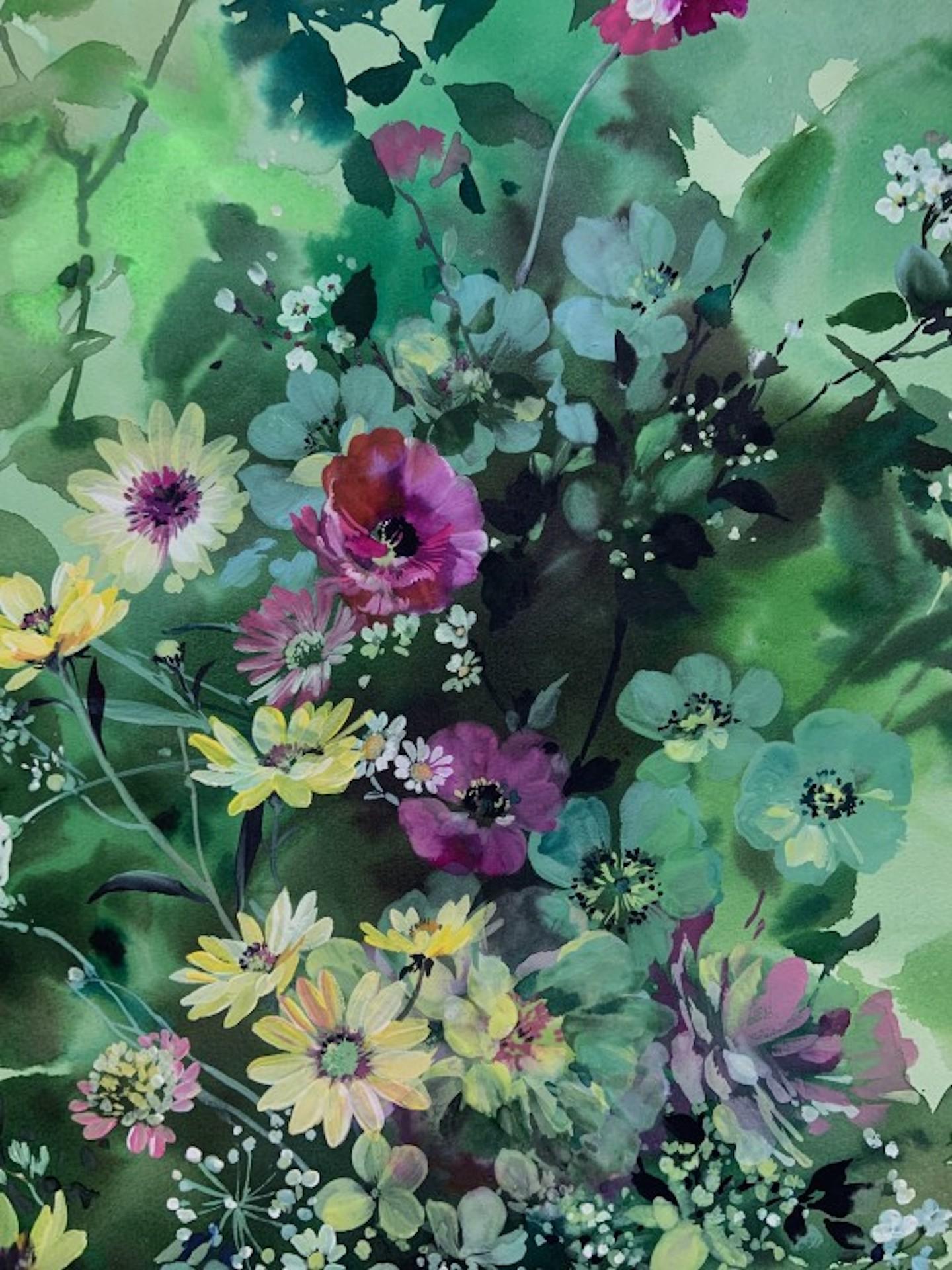 Jo Haran, Alfombra de flores, bodegón original en técnica mixta Arte floral en venta 2
