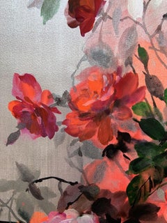 Jo Haran, Rose Bush on Silver, Original Floral Painting, Rose Art