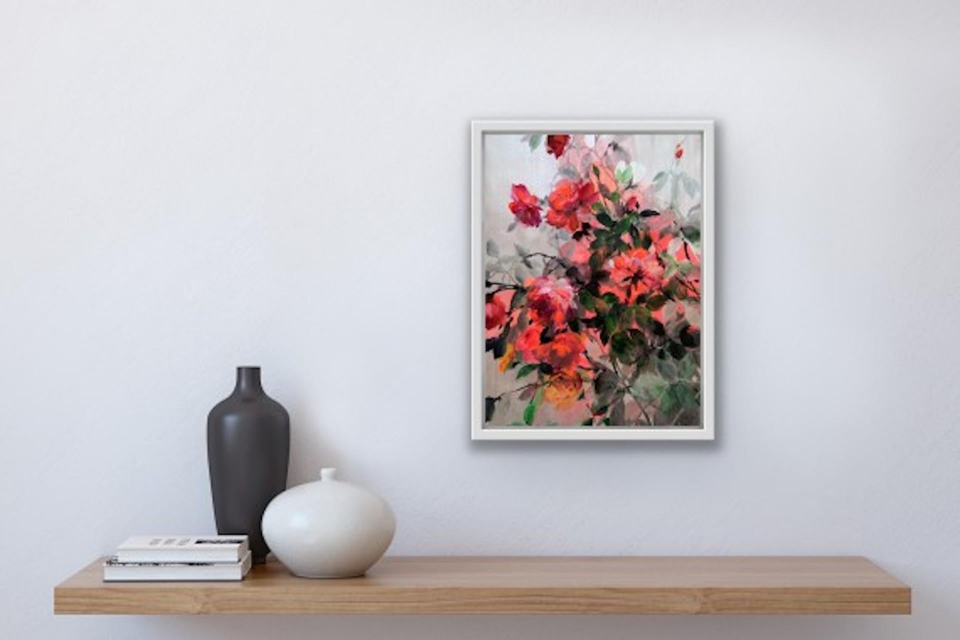 Jo Haran, Arbusto de rosas sobre plata, Pintura floral original, Arte de rosas en venta 7