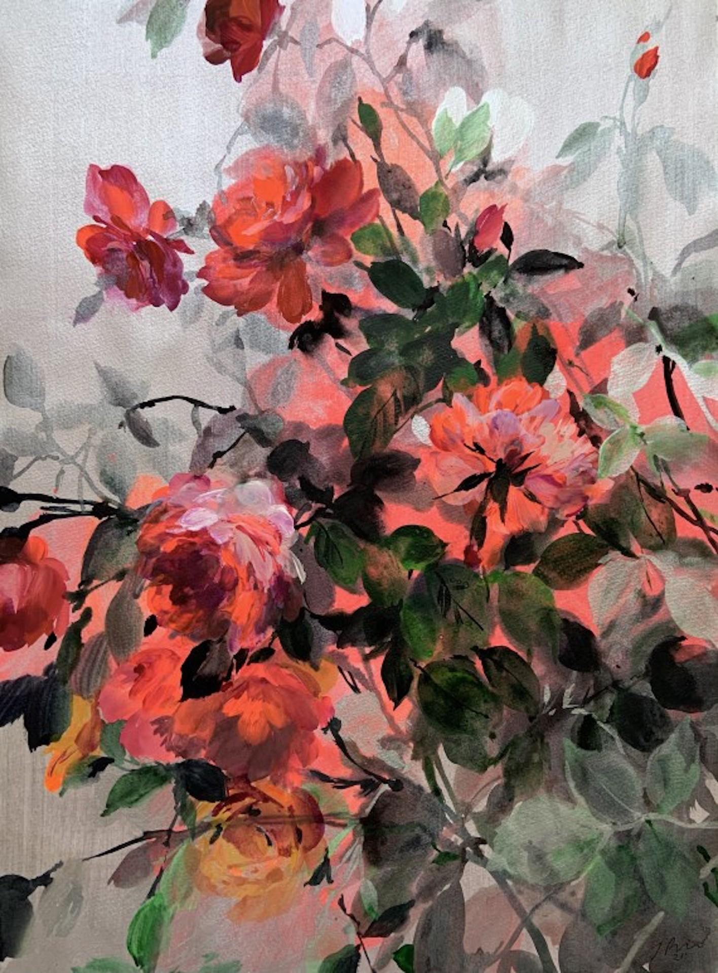 Jo Haran, Rose Bush sur argent, peinture florale originale, Rose Art