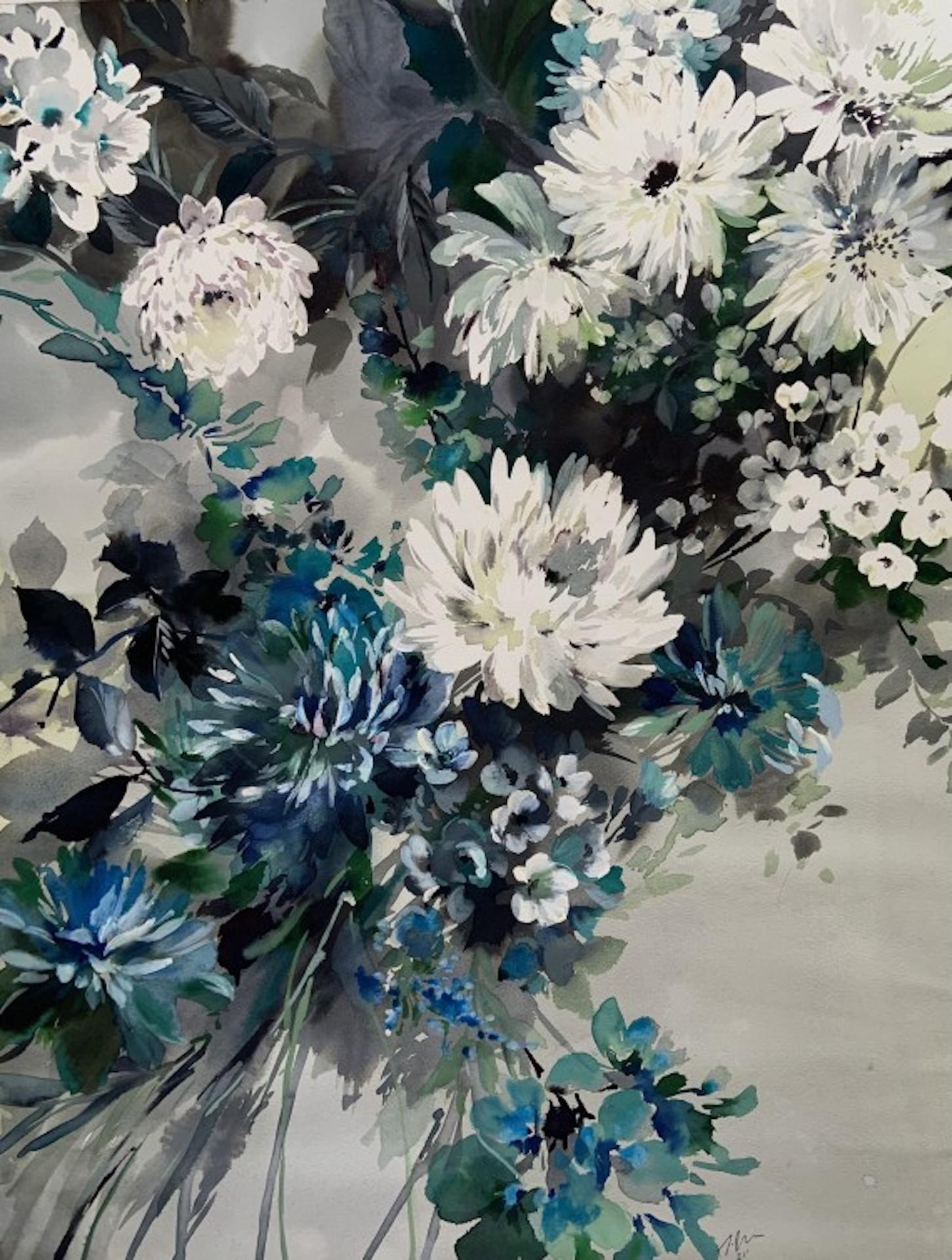 Jo Haran, Grau gesprenkeltes Original-Blumengemälde, preiswerte Kunst