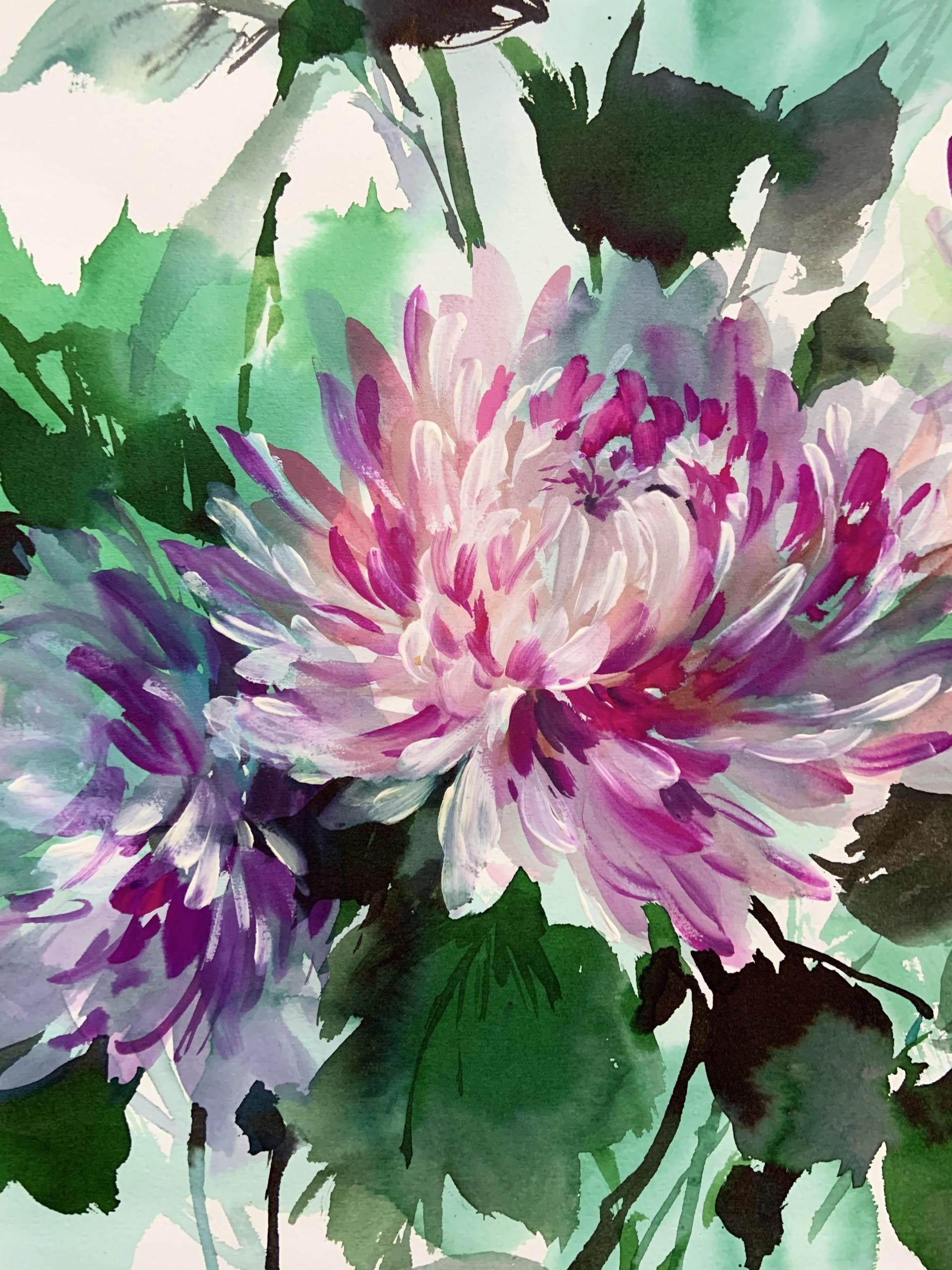 Chrysanthèmes détrempés - Impressionnisme Painting par Jo Haran
