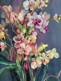 Jo Haran, Scena di orchidee, dipinto floreale originale,  Arte accessibile