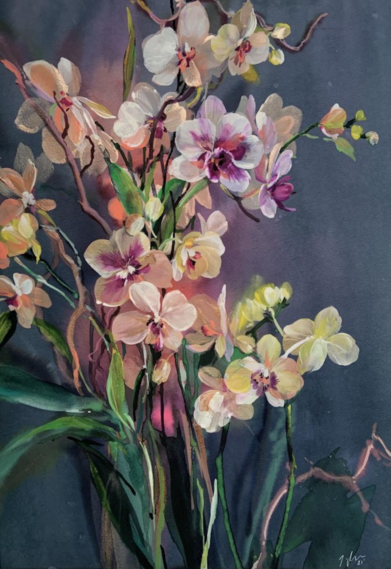 Jo Haran, Orchid Scene, Original Floral Painting,  Affordable Art
