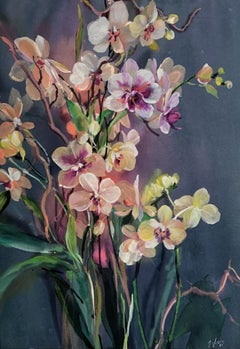 Jo Haran, Orchideenszene, Original-Blumengemälde,  Erschwingliche Kunst
