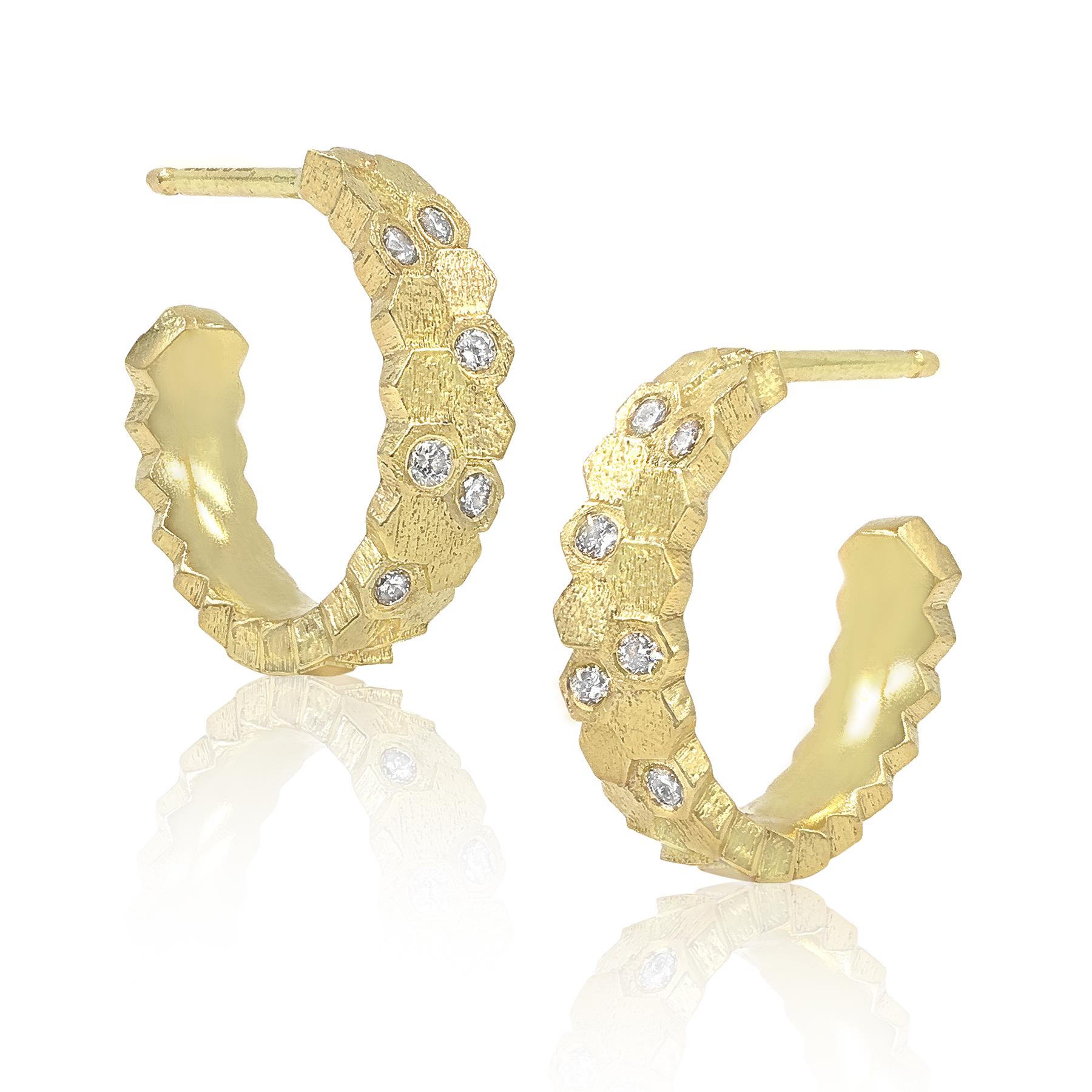 Double Hex Hoop Earrings (14mm) handcrafted in London by jewelry designer Jo Hayes Ward in her signature-finished reflective 18k yellow gold featuring 12 round, brilliant-cut white diamonds (0.07 tcw). 