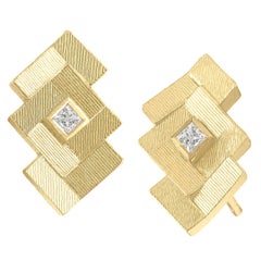 Jo Hayes Ward Princess Cut Diamond Reflective Gold Parquet Stud Earrings