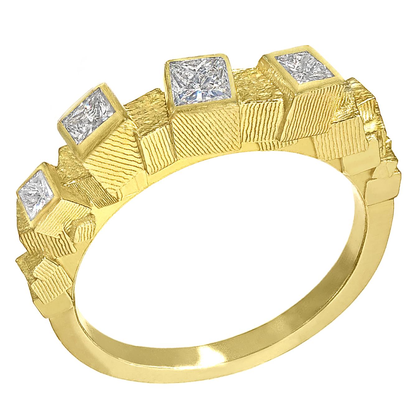 Princess Cut White Diamond Reflective Gold Chaos Cube Ring, Jo Hayes Ward For Sale