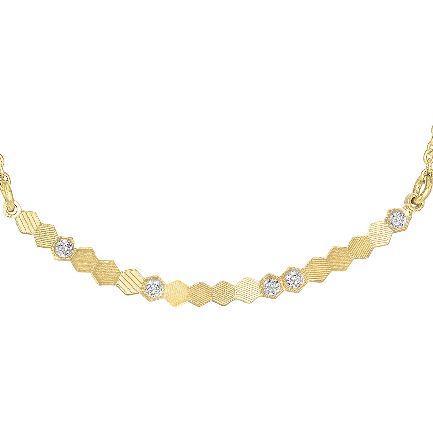 Round Cut Jo Hayes Ward White Diamond Reflective Yellow Gold Curved Bar Necklace